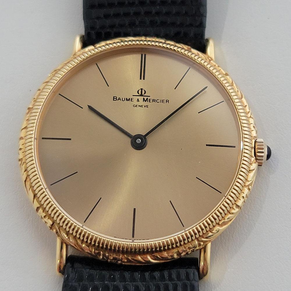 Ein exquisiter Klassiker, Baume & Mercuer Handaufzug aus massivem 18-karätigem Gold, graviert, schlank, ca. 1990er Jahre, alles original, mit Originalbox. Von einem Uhrmachermeister für echt befunden. Wunderschönes Baume & Mercier signiertes