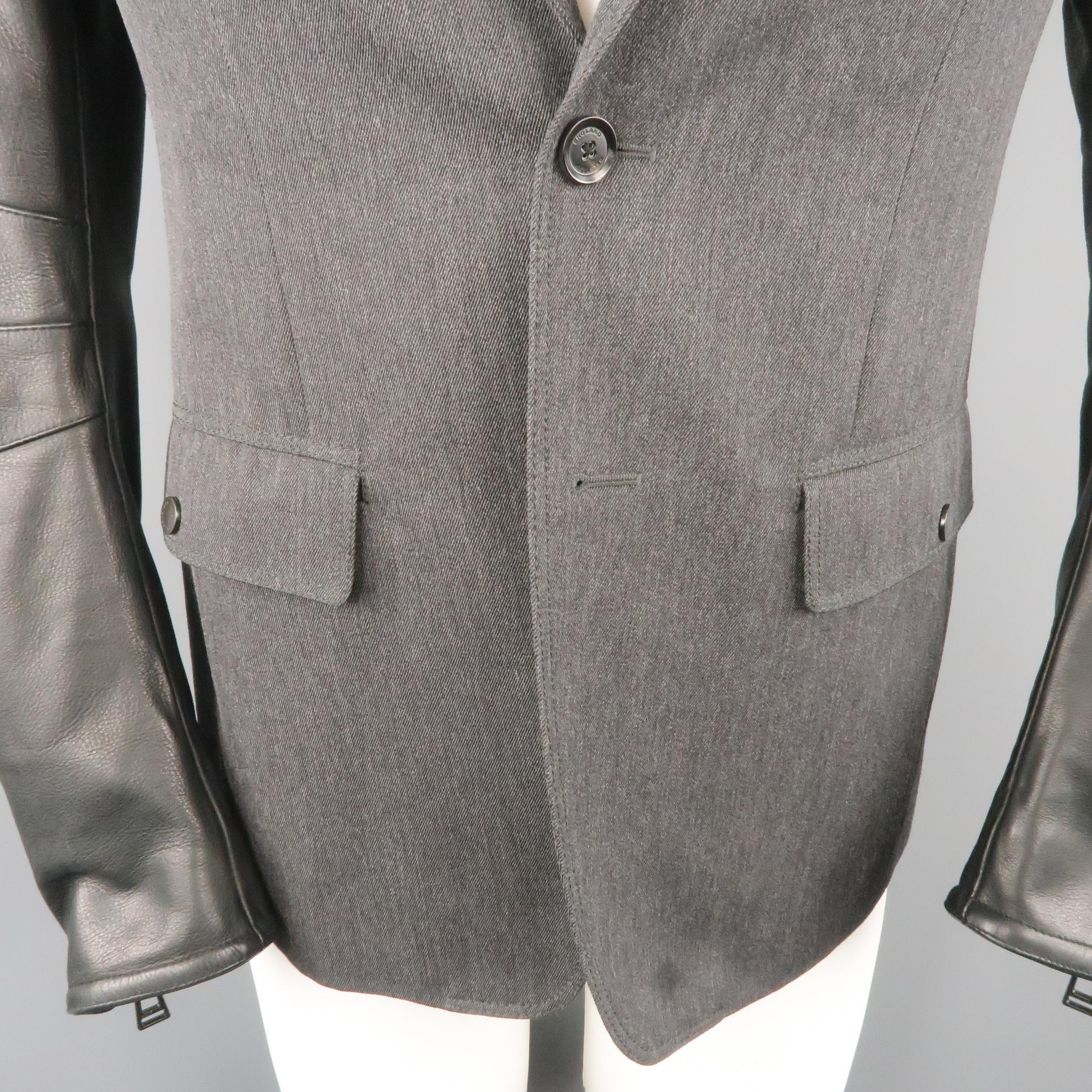 Men's BELSTAFF S Grey Wool & Black Leather Biker Sleeve Jacket 1