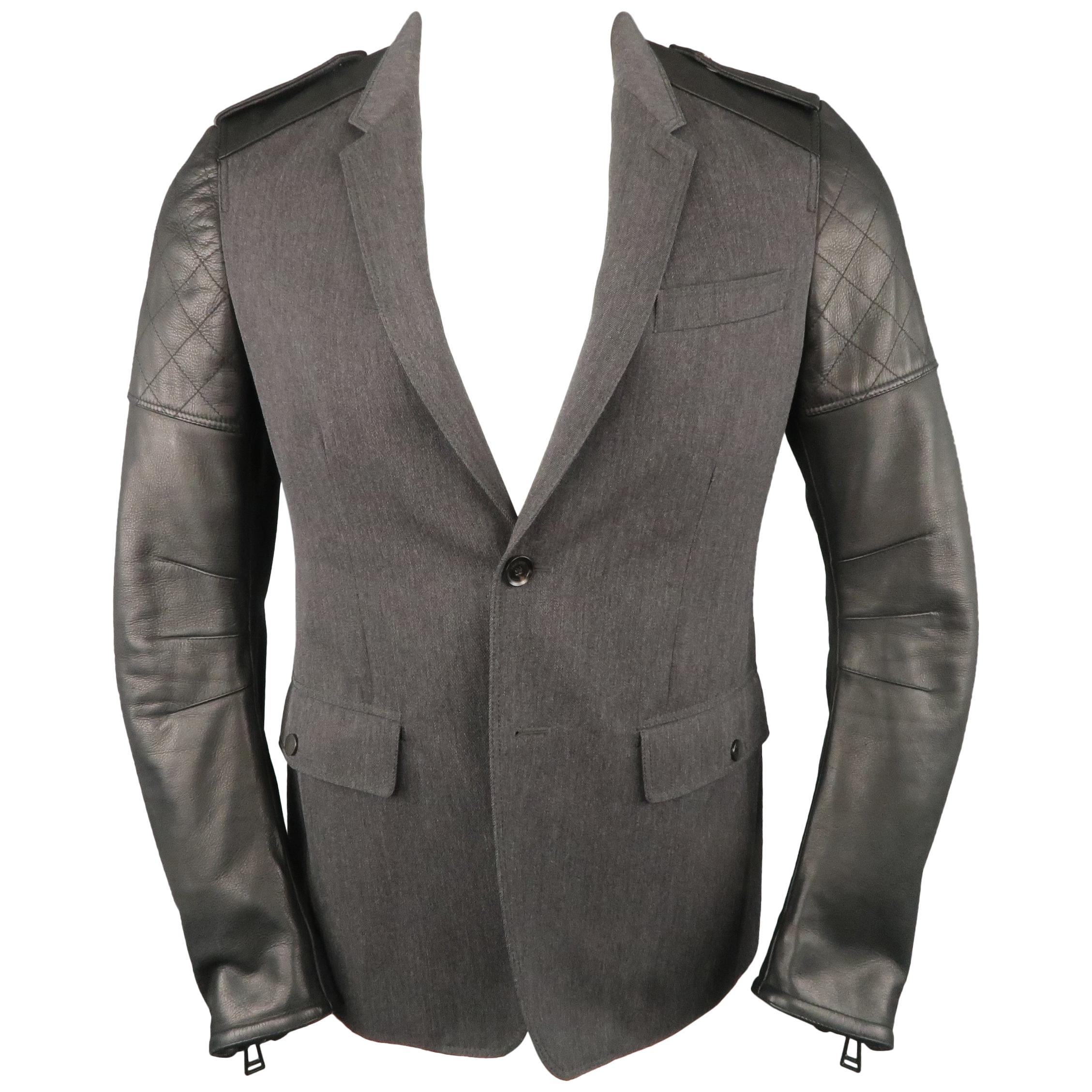 Men's BELSTAFF S Grey Wool & Black Leather Biker Sleeve Jacket