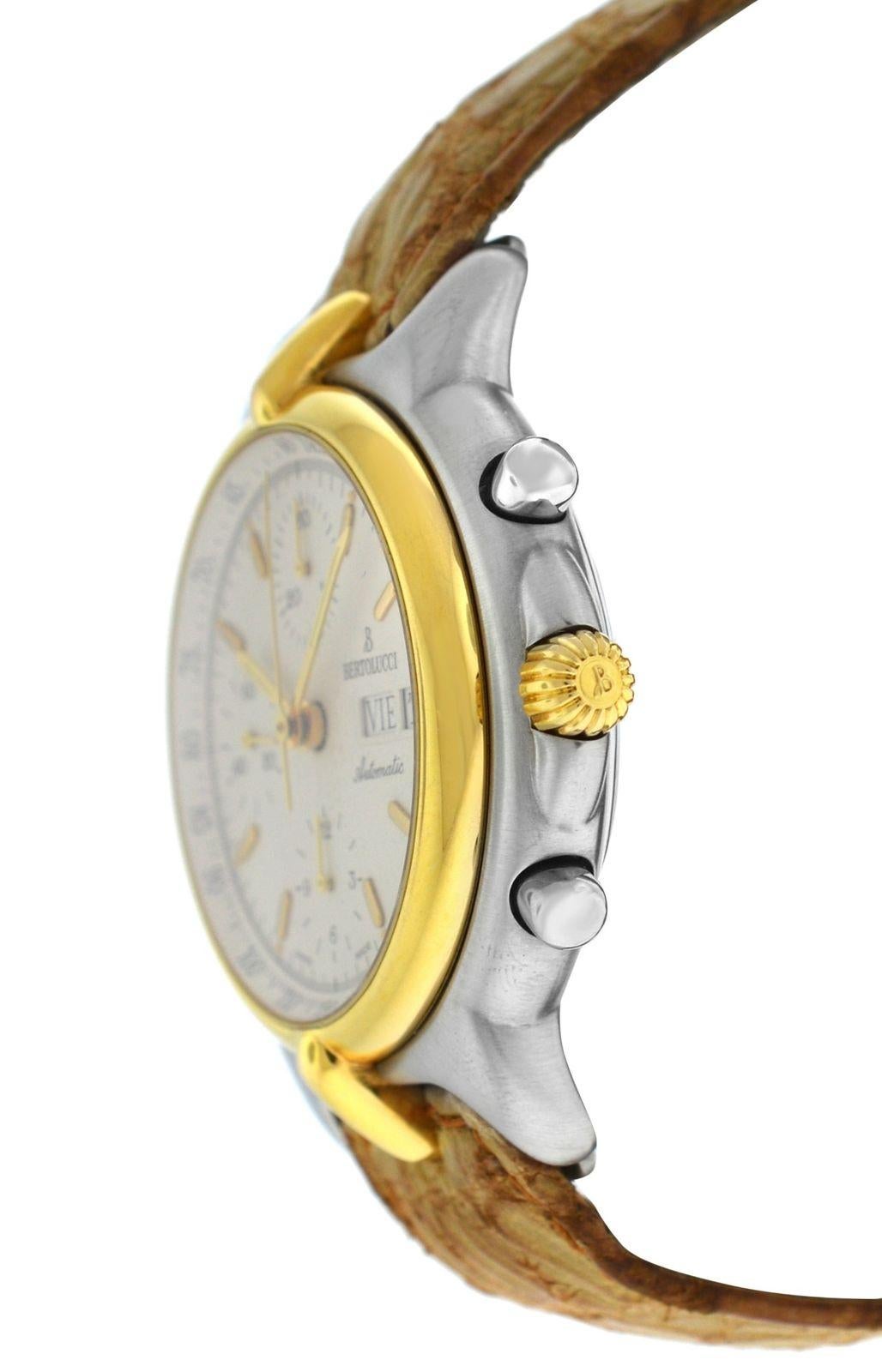 Brand	Bertolucci
Model	Pulchra 674.8055.49
Gender	Mens
Condition	Pre owned
Movement	Quartz
Case Material	Stainless Steel & Yellow Gold
Bracelet / Strap Material	Leather
Clasp / Buckle Material	Plated steel
Clasp Type	Tang
Bracelet / Strap width	18