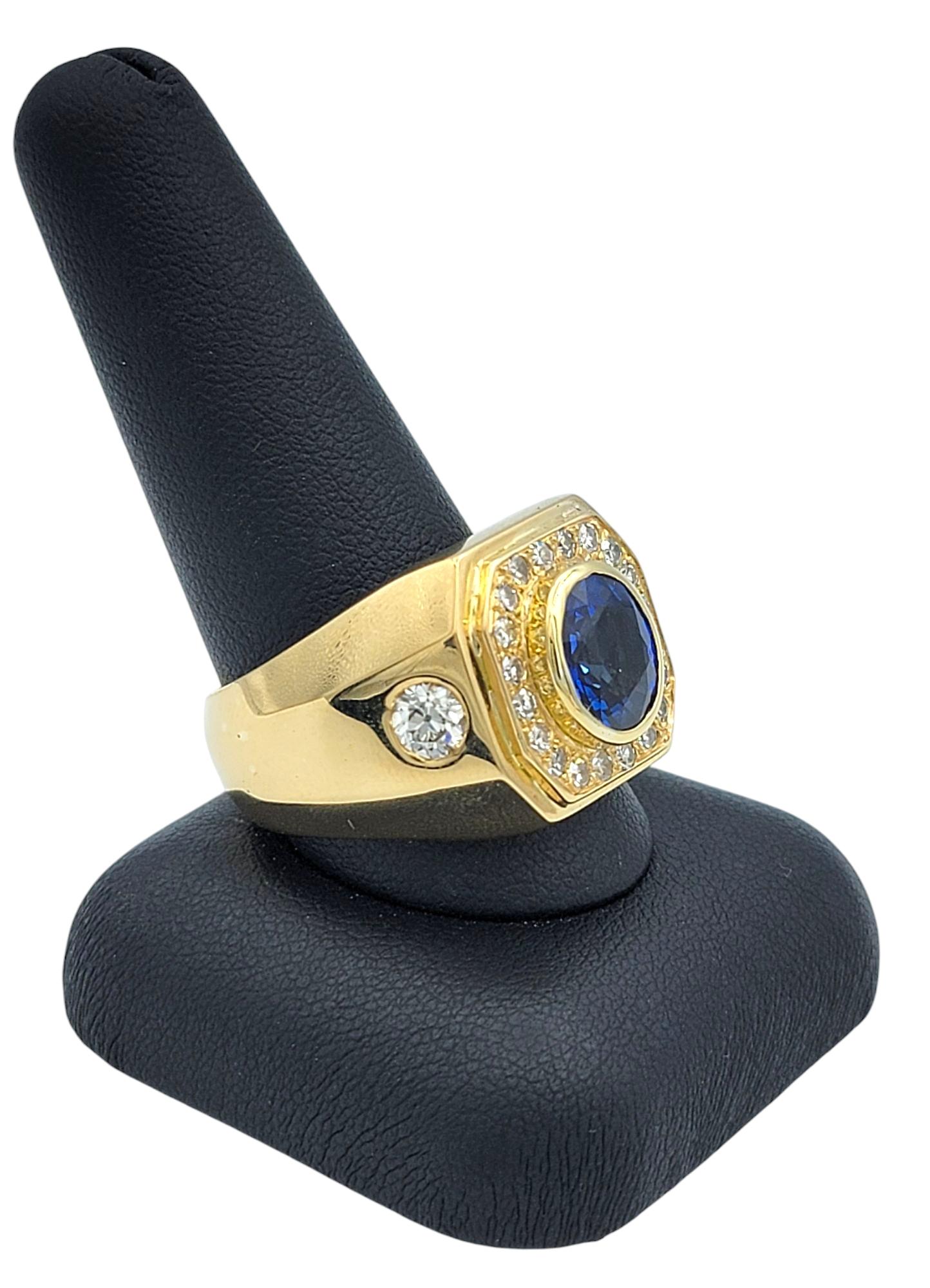 Men's Bezel Set Blue Sapphire and Old European Diamond Band Ring 18 Karat Gold For Sale 5