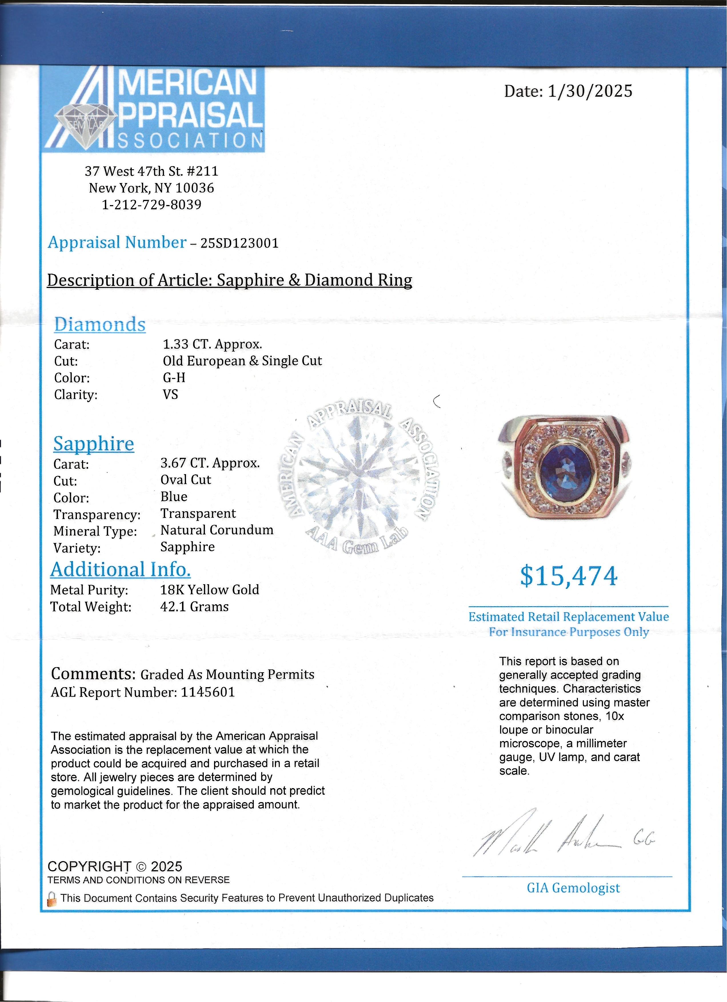 Men's Bezel Set Blue Sapphire and Old European Diamond Band Ring 18 Karat Gold For Sale 6
