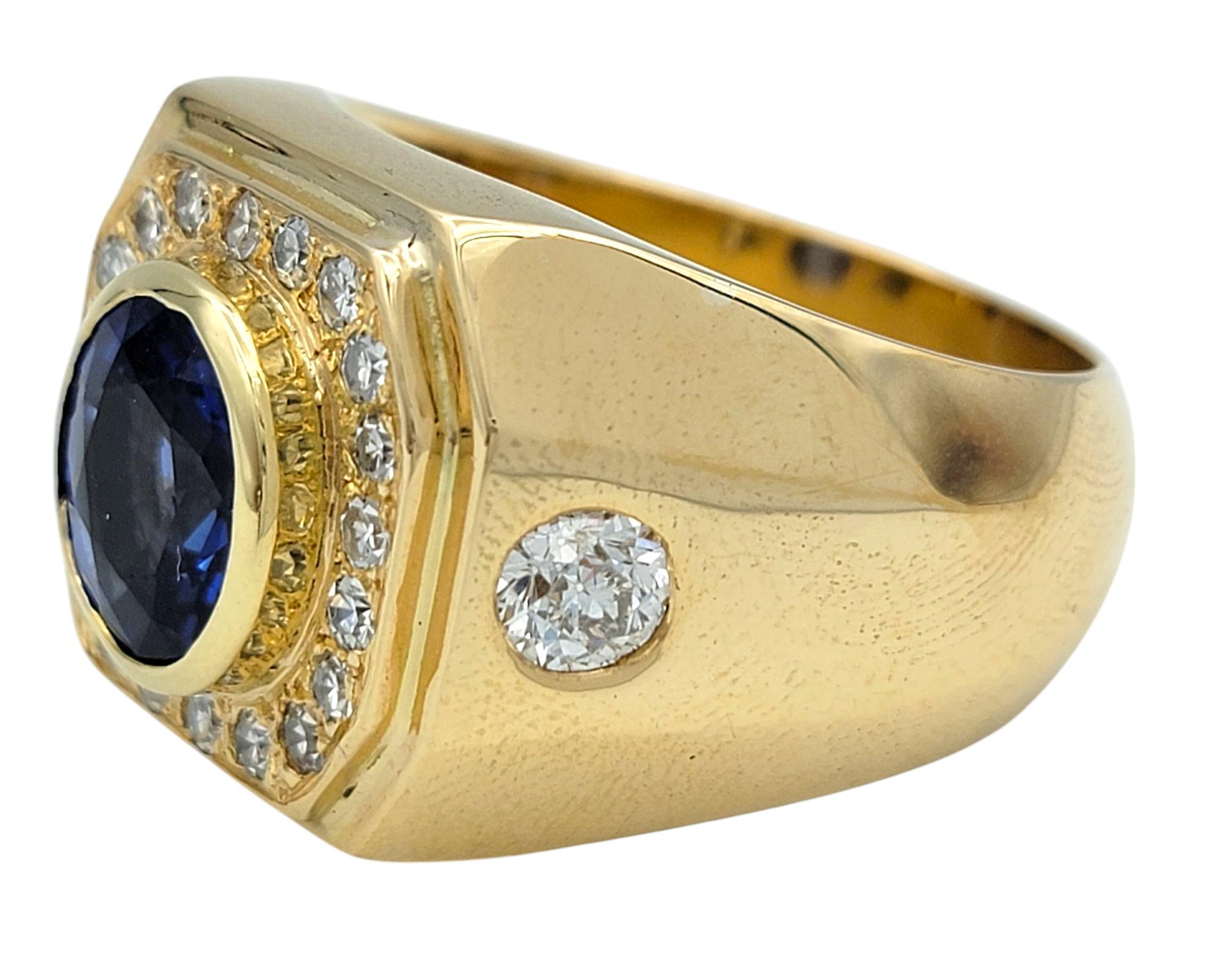 Contemporary Men's Bezel Set Blue Sapphire and Old European Diamond Band Ring 18 Karat Gold For Sale