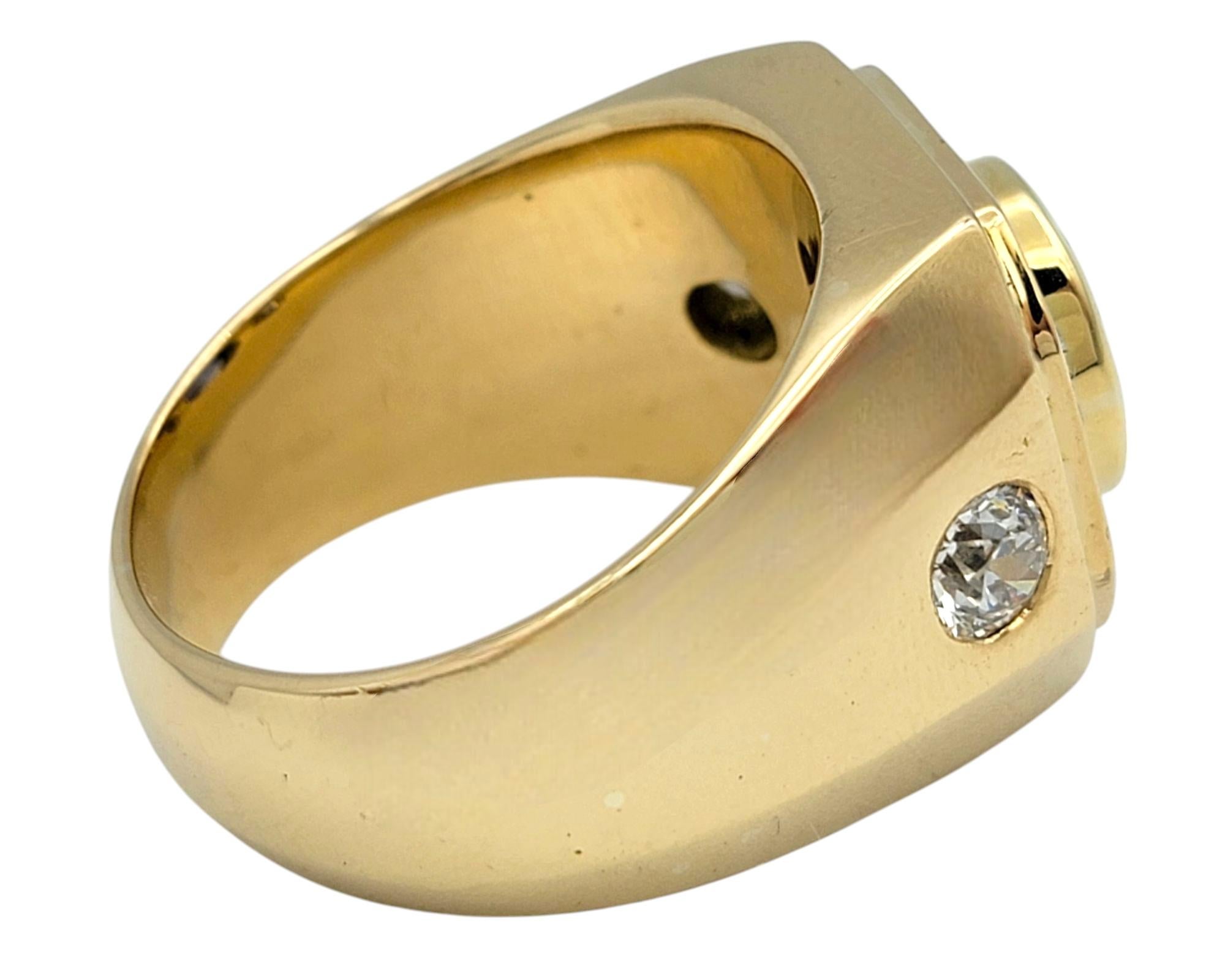 Oval Cut Men's Bezel Set Blue Sapphire and Old European Diamond Band Ring 18 Karat Gold For Sale