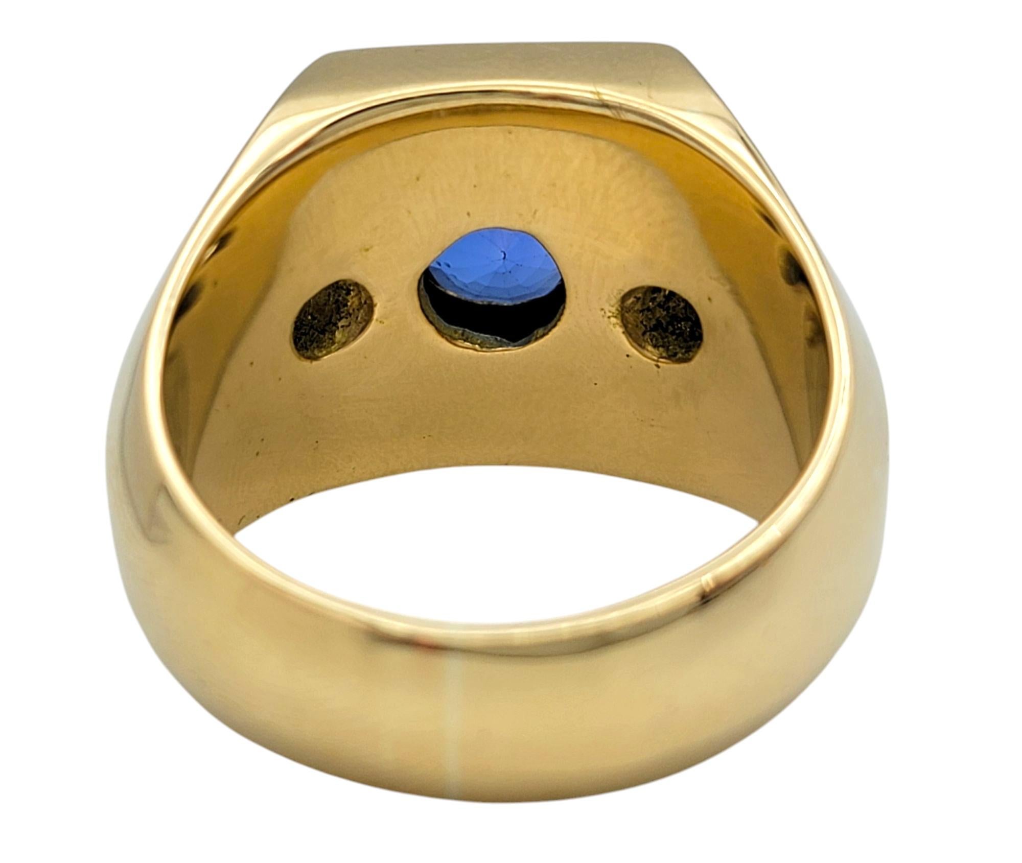 Men's Bezel Set Blue Sapphire and Old European Diamond Band Ring 18 Karat Gold In Good Condition For Sale In Scottsdale, AZ