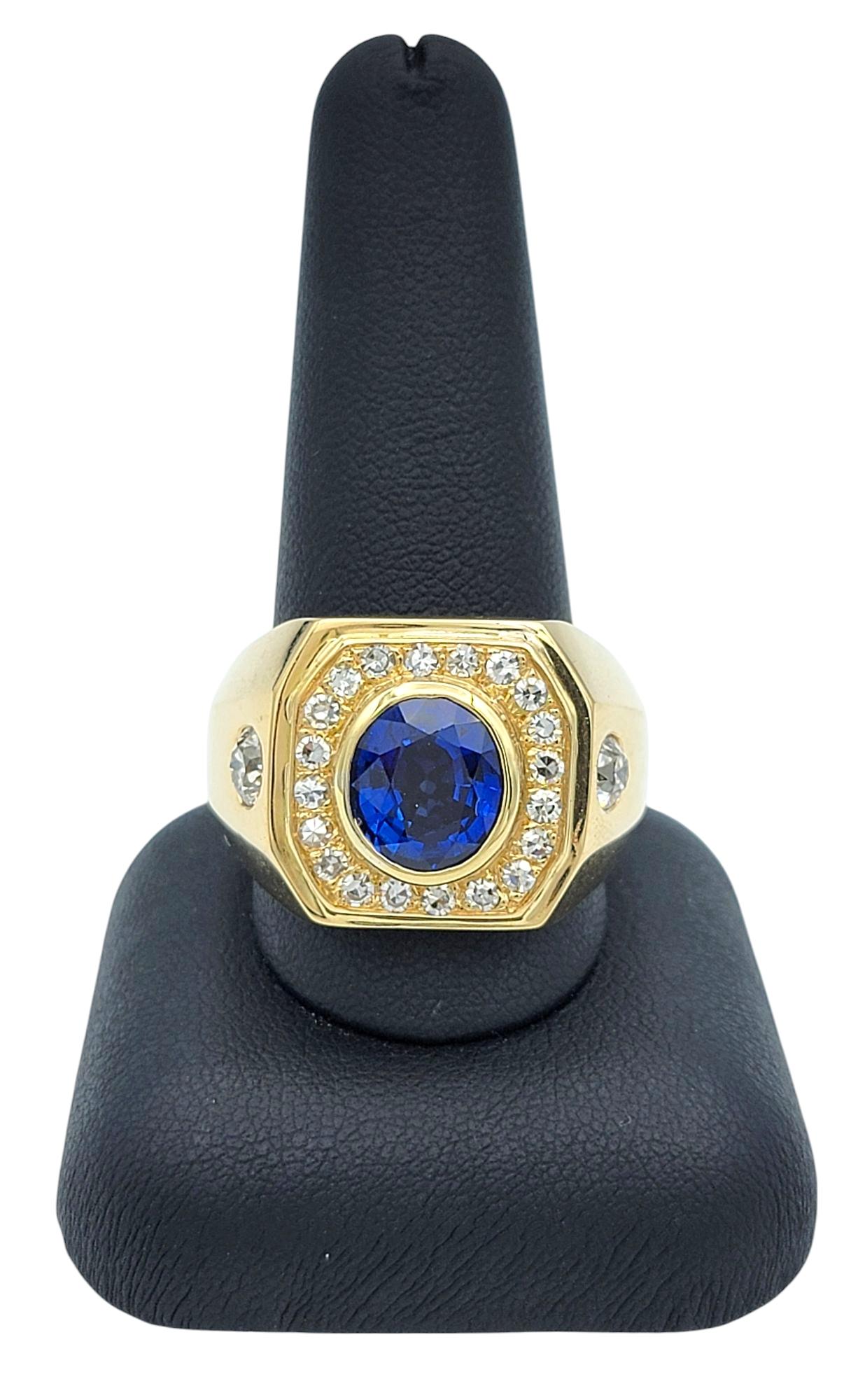Men's Bezel Set Blue Sapphire and Old European Diamond Band Ring 18 Karat Gold For Sale 4