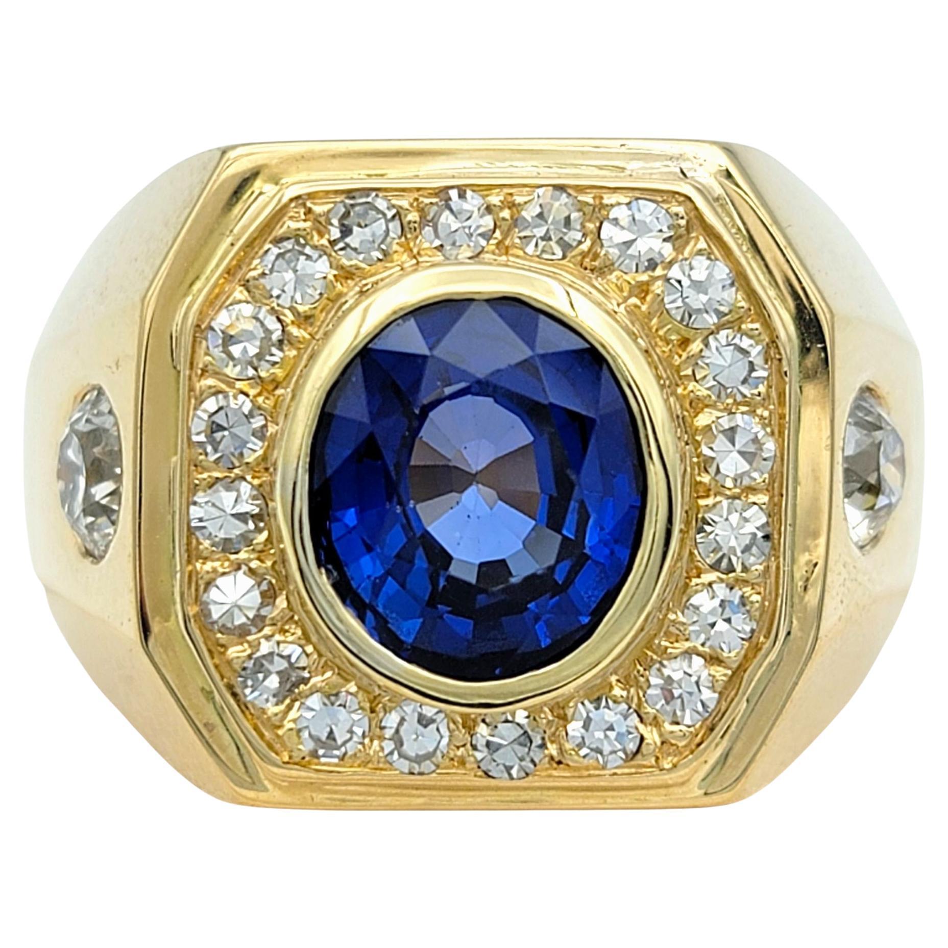 Men's Bezel Set Blue Sapphire and Old European Diamond Band Ring 18 Karat Gold For Sale