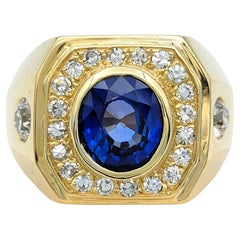 Anello da uomo con castone, zaffiro blu e diamante europeo antico, oro 18 carati