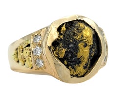 Men's Bezel Set Nugget Statement Ring with Diamond Accents 14 Karat Yellow Gold