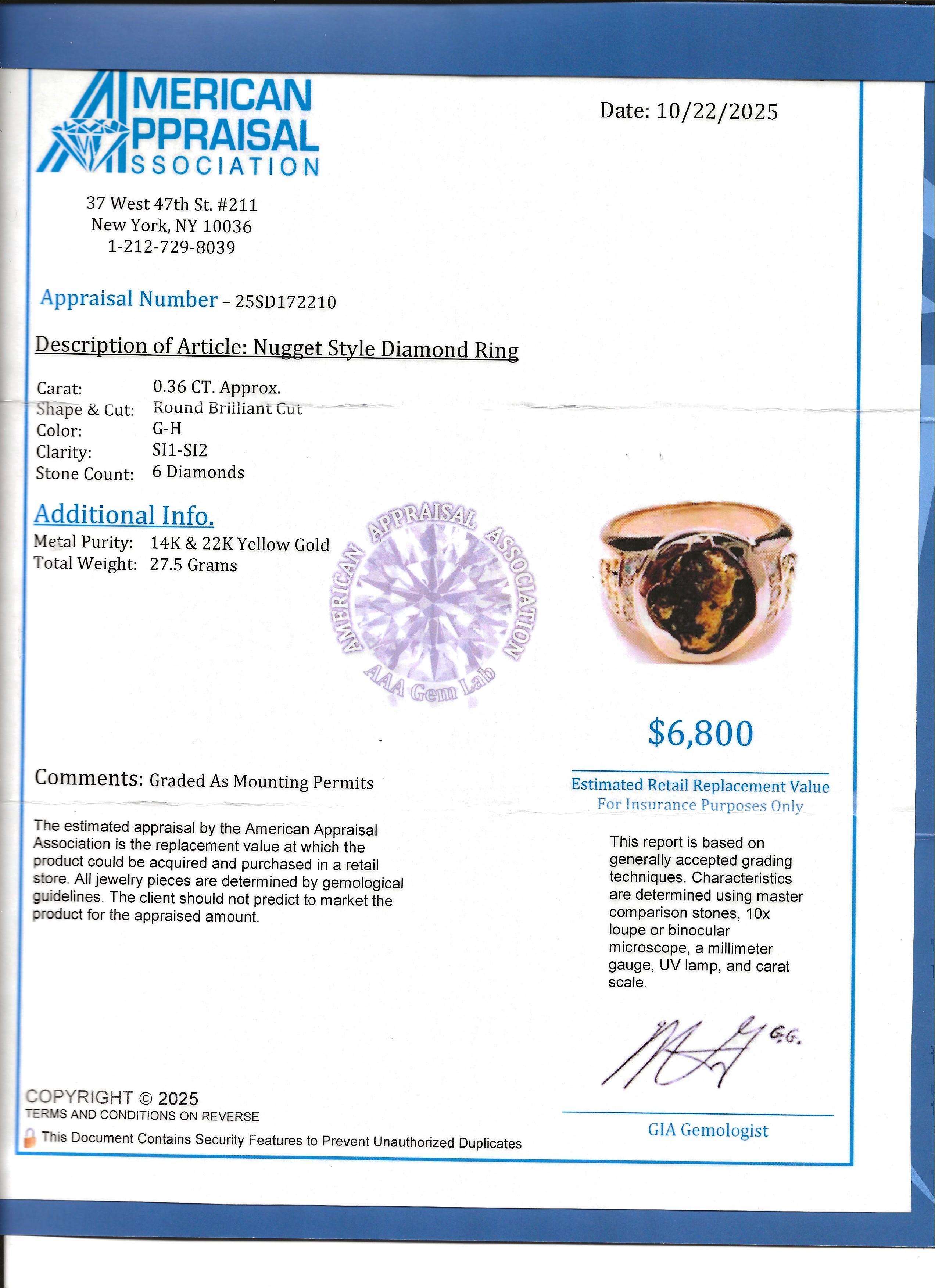 Anello da uomo con incastonatura di pepite e accenti di diamanti in oro giallo 14 carati in vendita 2