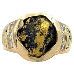 Men's Bezel Set Nugget Statement Ring with Diamond Accents 14 Karat Yellow Gold