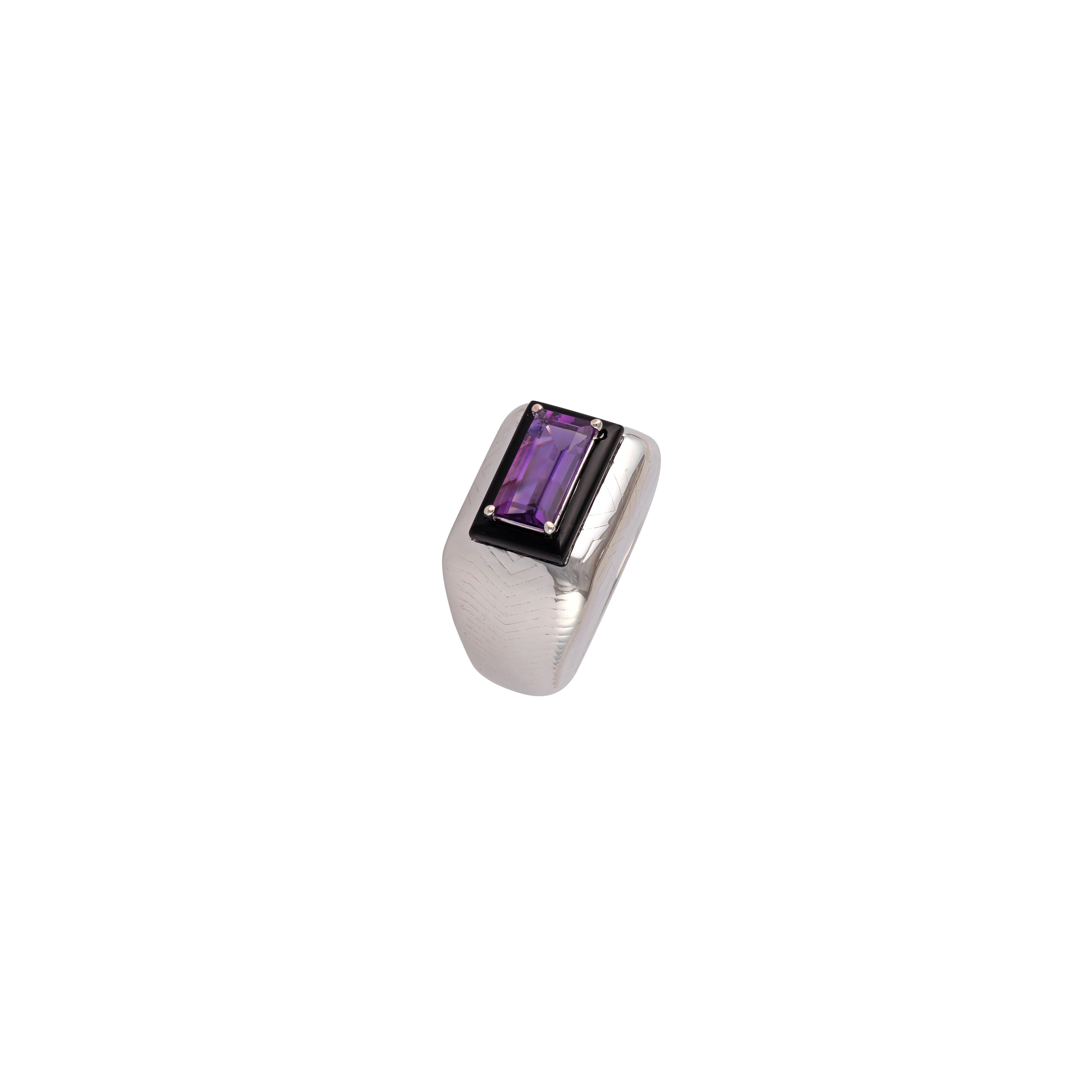 Aesthetic Movement Mens Big Boulder Silver Ring with Amethyst & Black Onyx Gem Stones in Sliver