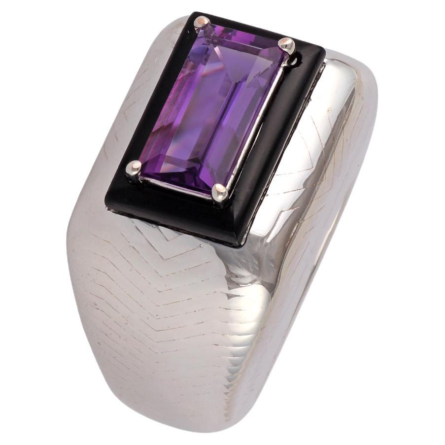 Mens Big Boulder Silver Ring with Amethyst & Black Onyx Gem Stones in Sliver For Sale