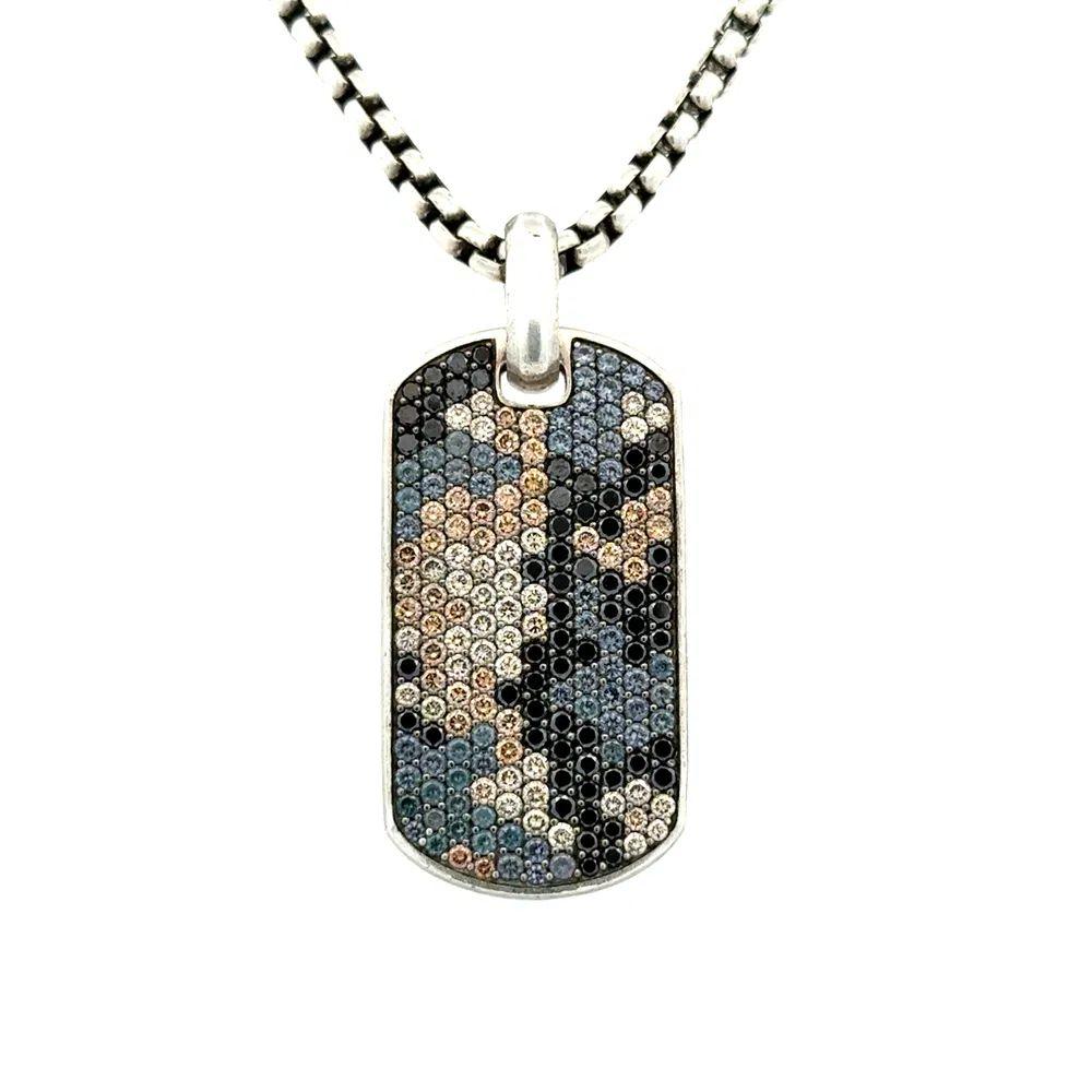 Collar colgante con etiqueta de plata de ley David Yurman de hombre, negro y diamante coñac Corte redondo en venta