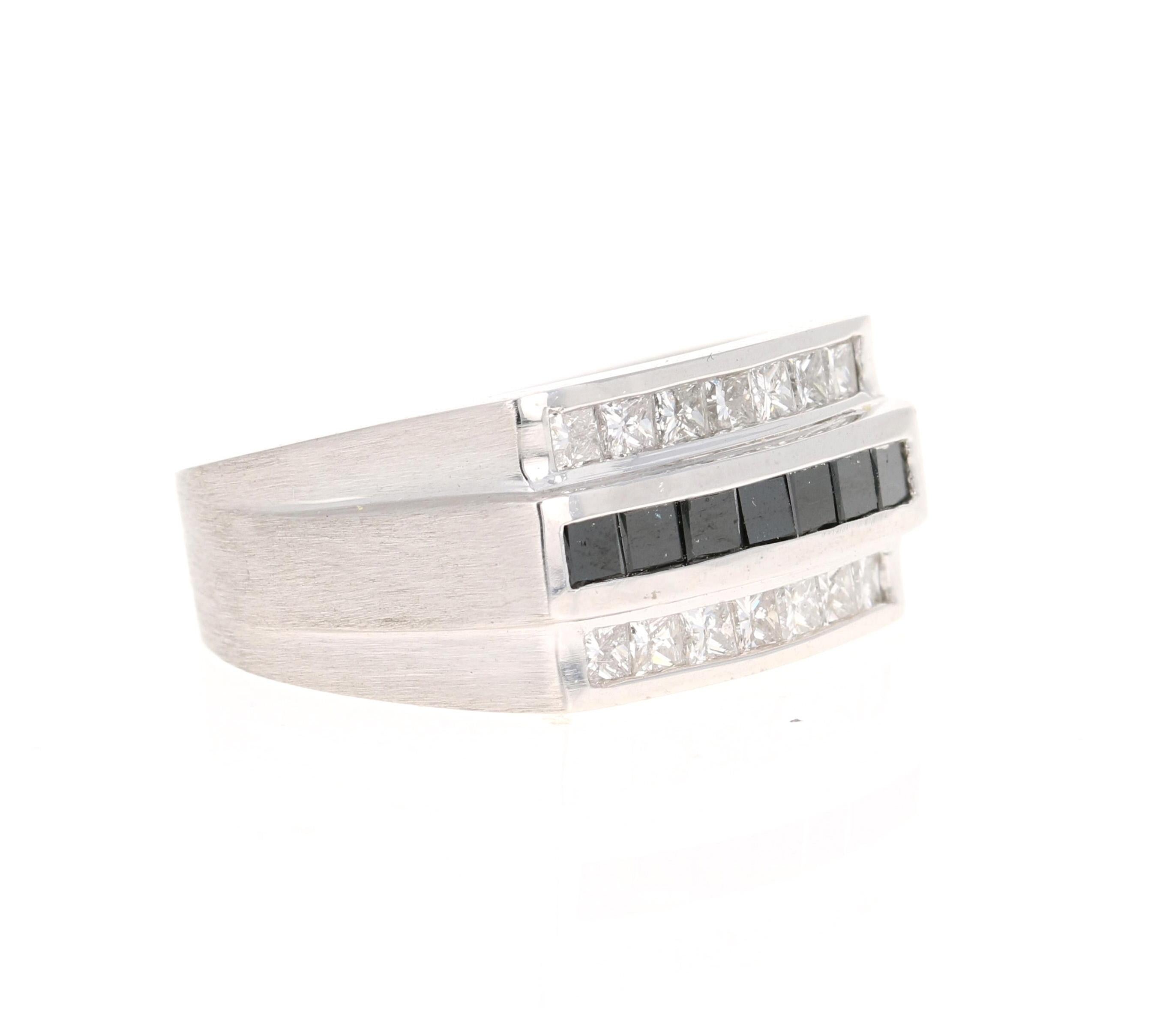 This ring is set with 14 Princess Cut White Diamonds that weight 0.91 carats and 7 Princess Cut Black Diamonds that weigh 0.55 carats. The total carat weight of the ring is 1.46 carats. 

It is beautifully curated in 14 Karat White Gold and weighs