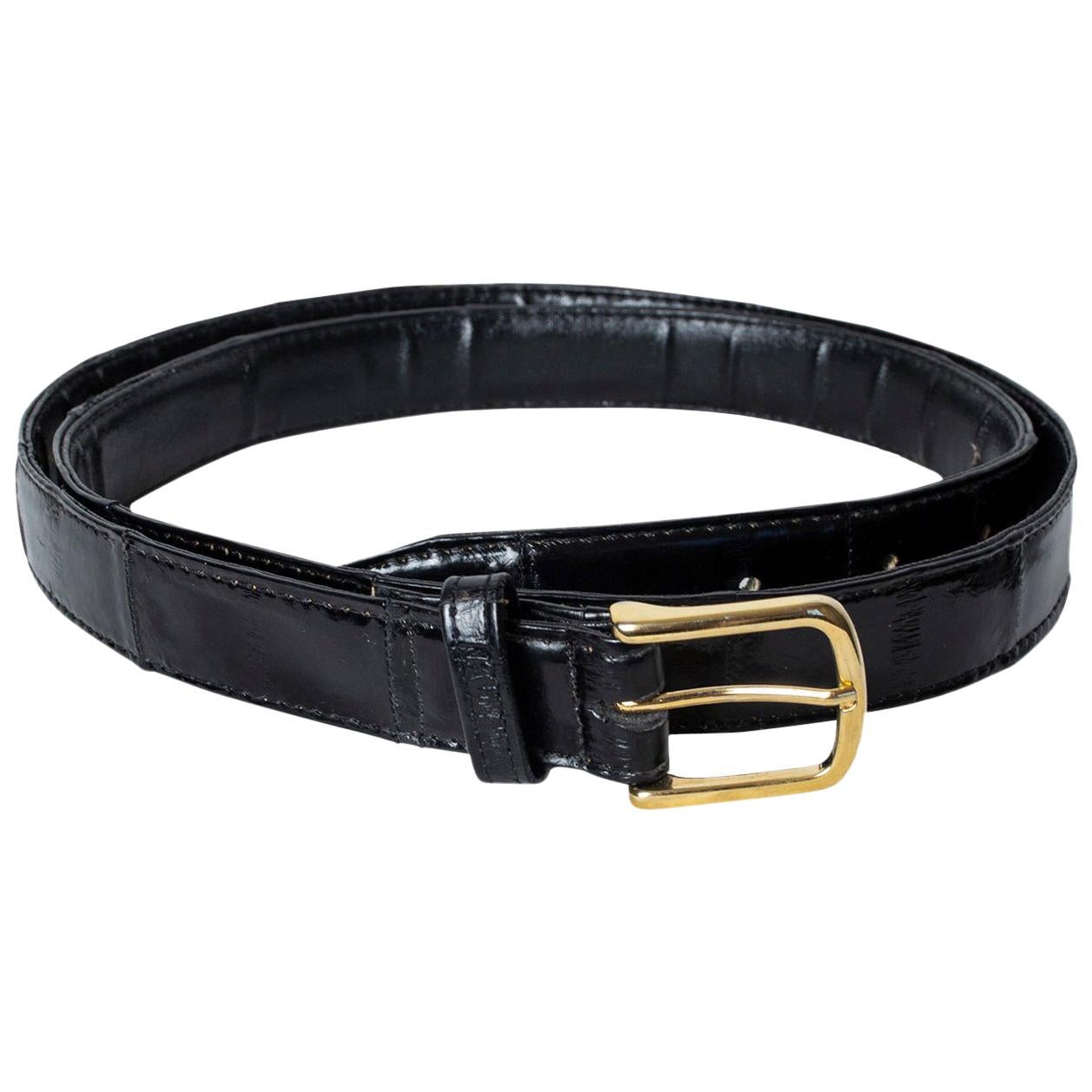 Men's Black Eelskin Leather Belt with Goldtone Buckle - US 40, 1980s