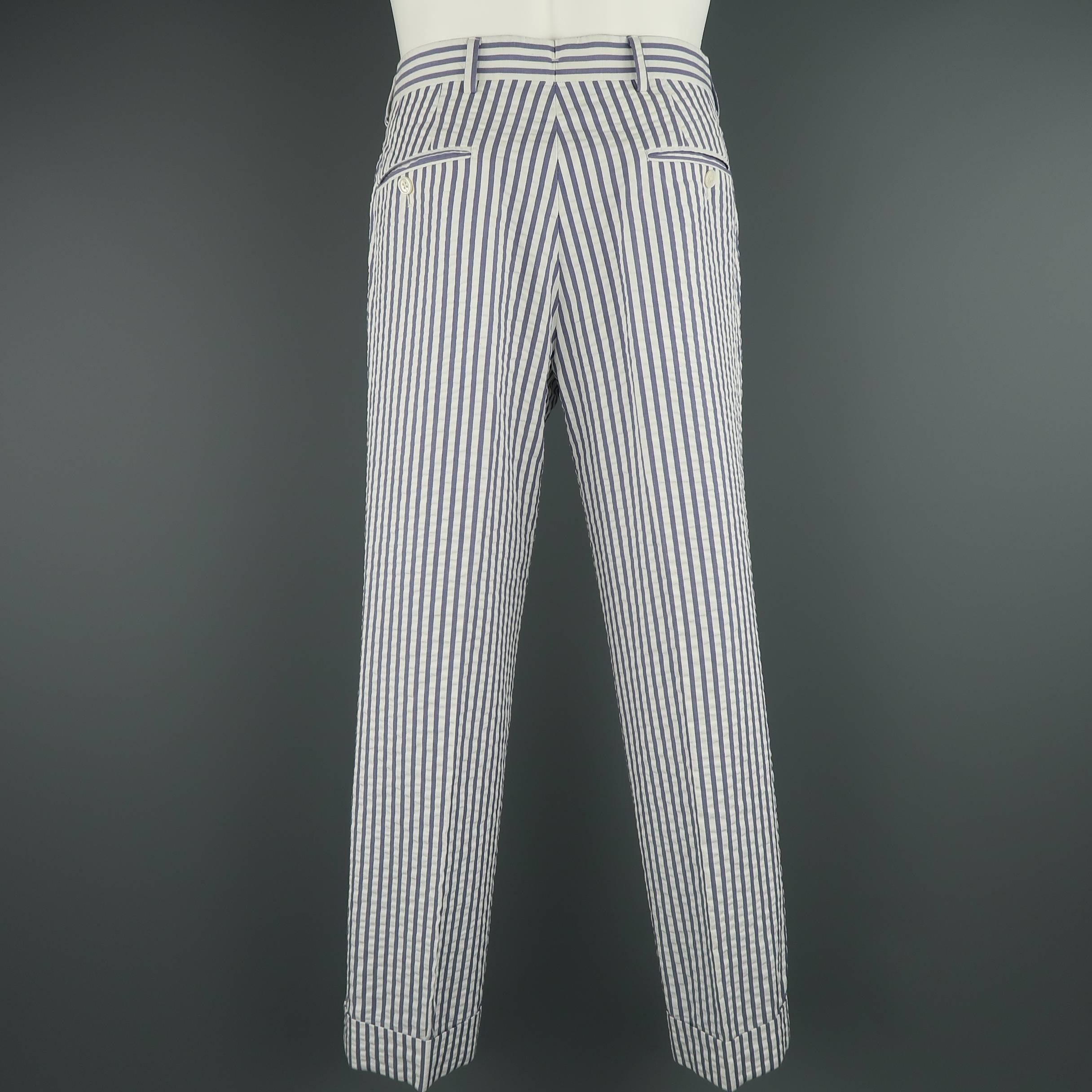 Gray Men's BLACK FLEECE Size 30 White & Blue Stripe Textured Cotton Cuffed Pants