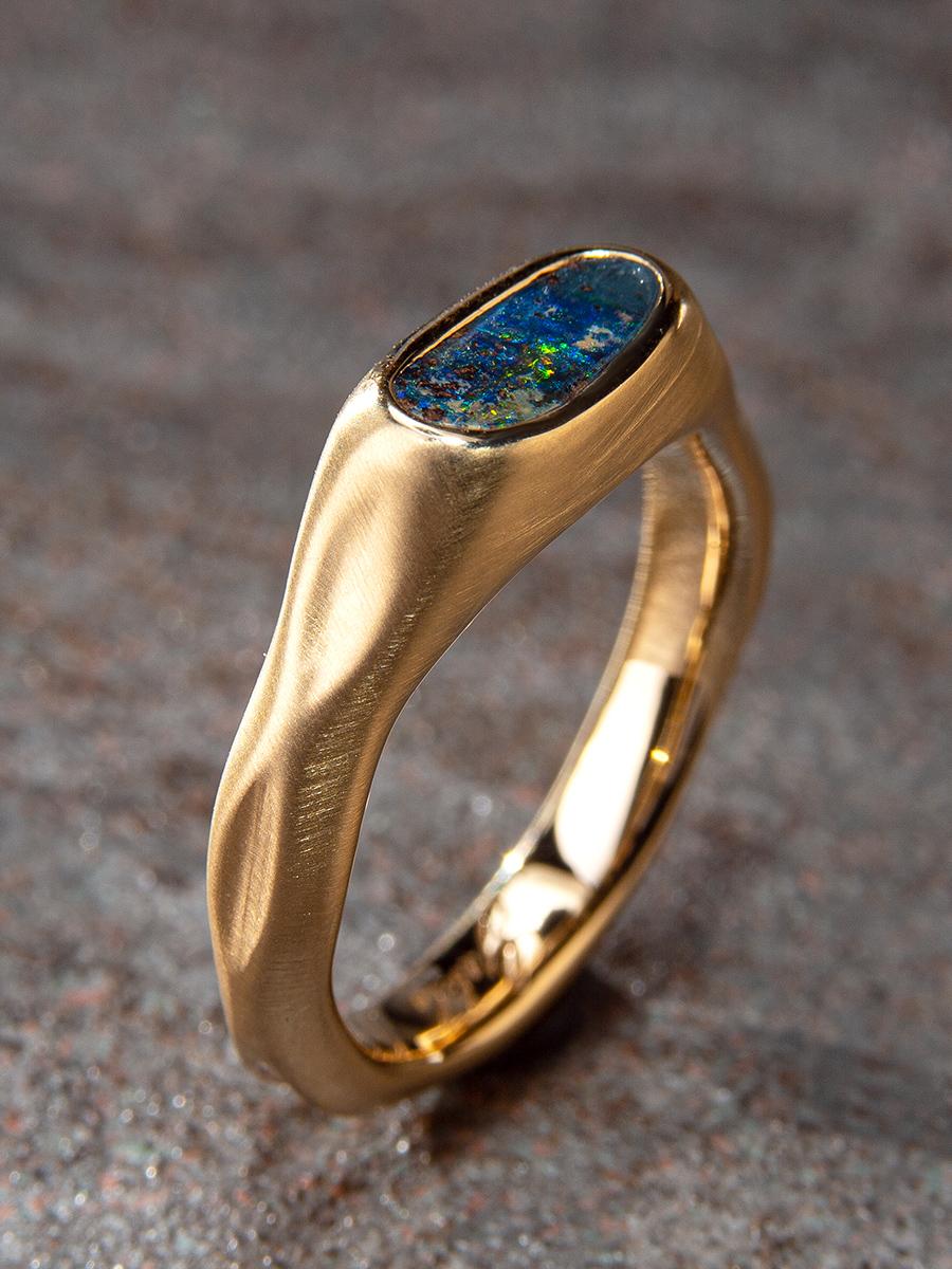 Black Opal Ring Gold Bright Multicolor Australian Stone Unisex engagement 5