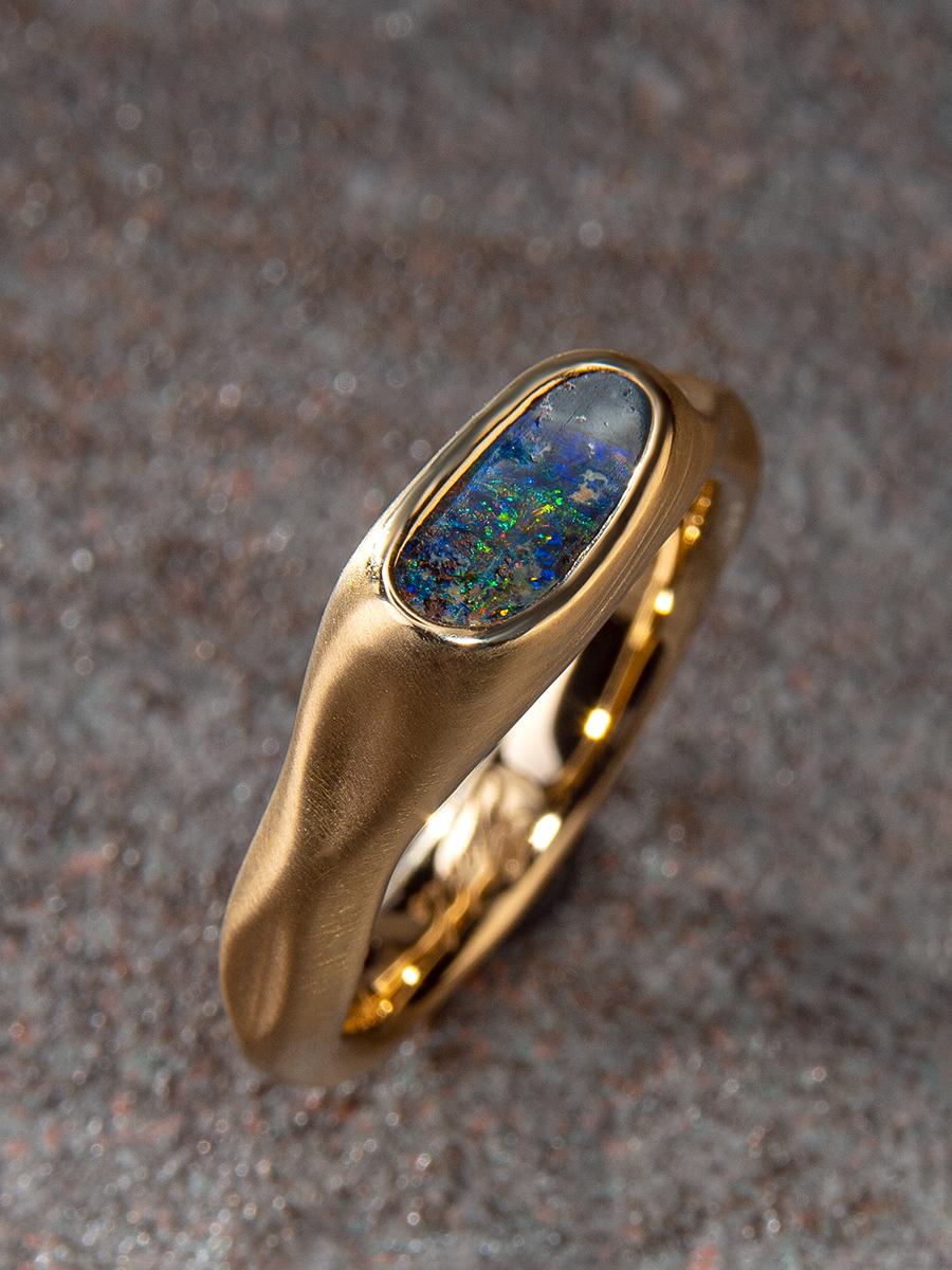 Black Opal Ring Gold Bright Multicolor Australian Stone Unisex engagement 8