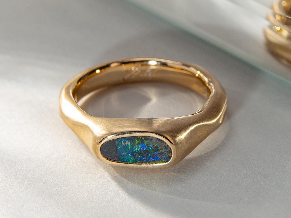 Artisan Black Opal Ring Gold Bright Multicolor Australian Stone Unisex engagement