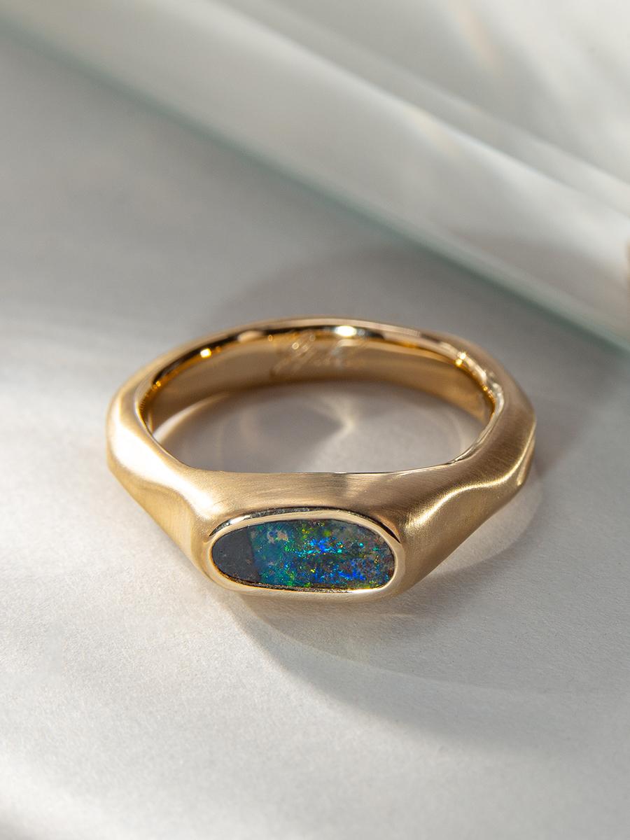 Uncut Black Opal Ring Gold Bright Multicolor Australian Stone Unisex engagement