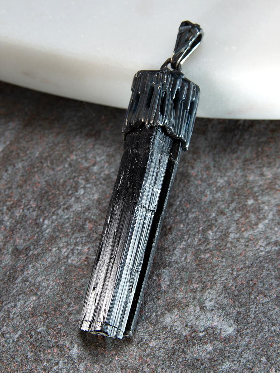 Black Tourmaline Silver Pendant Raw Uncut Schorl Crystal For Sale 4