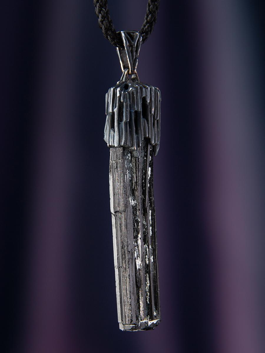 Black Tourmaline Silver Pendant Raw Uncut Schorl Crystal For Sale 7