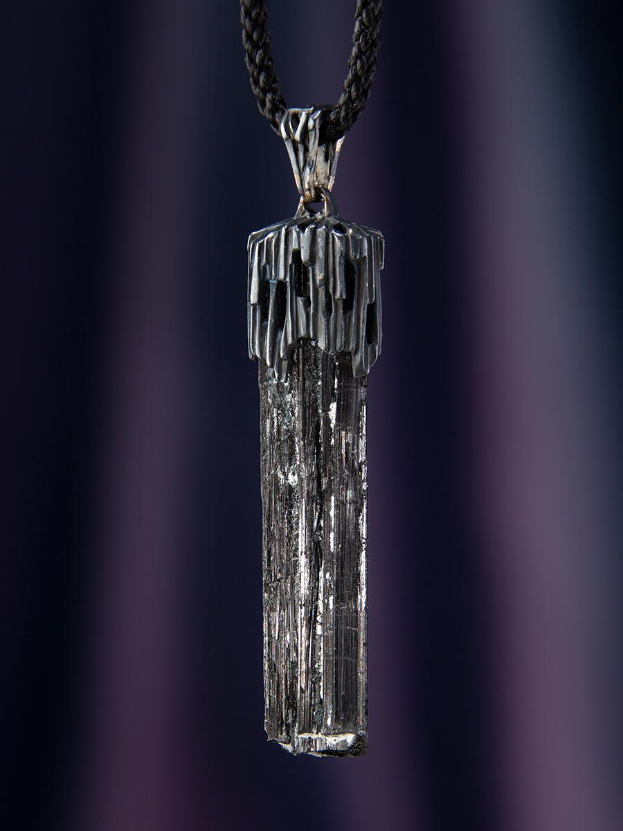 Black Tourmaline Silver Pendant Raw Uncut Schorl Crystal For Sale 8