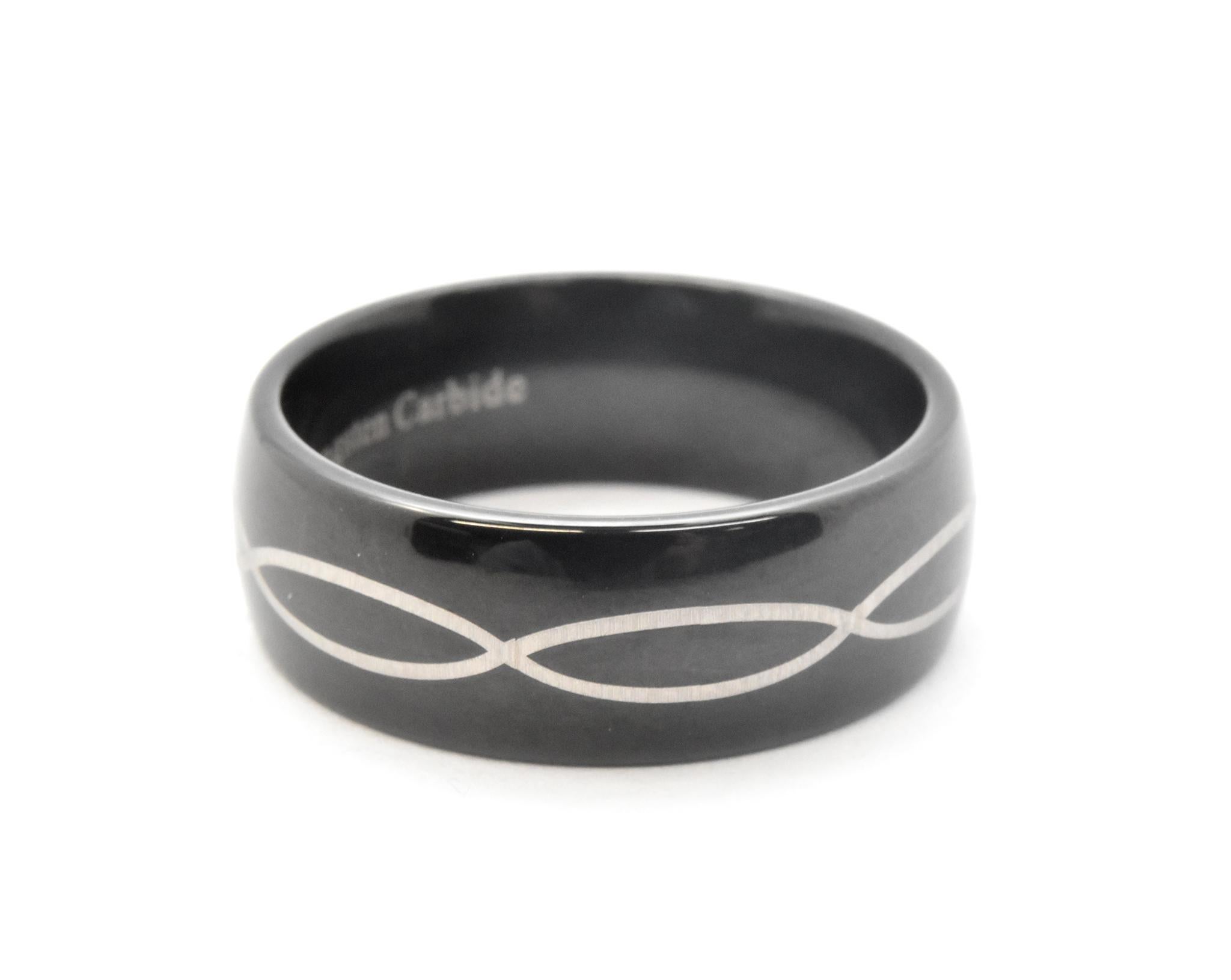 This men’s wedding band is crafted in titanium with 14 karat yellow gold center. It measures 8mm wide and it is a size 10. 