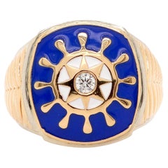 Men's Blue Enamel Marine Nautical Round Diamond Ring Band Gents 14K Two Tone