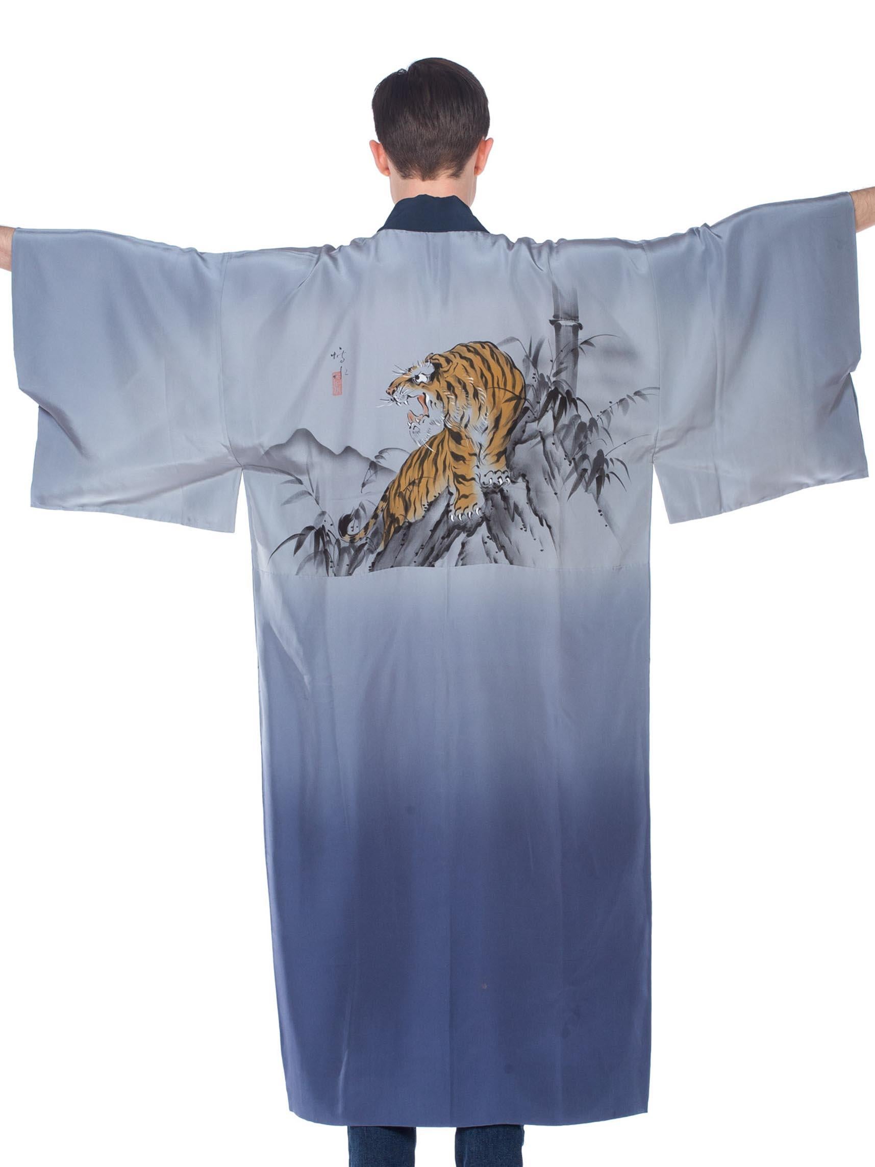 Gray 1950'S Mens Blue Japanese With Hand Painted Tiger Kimono
