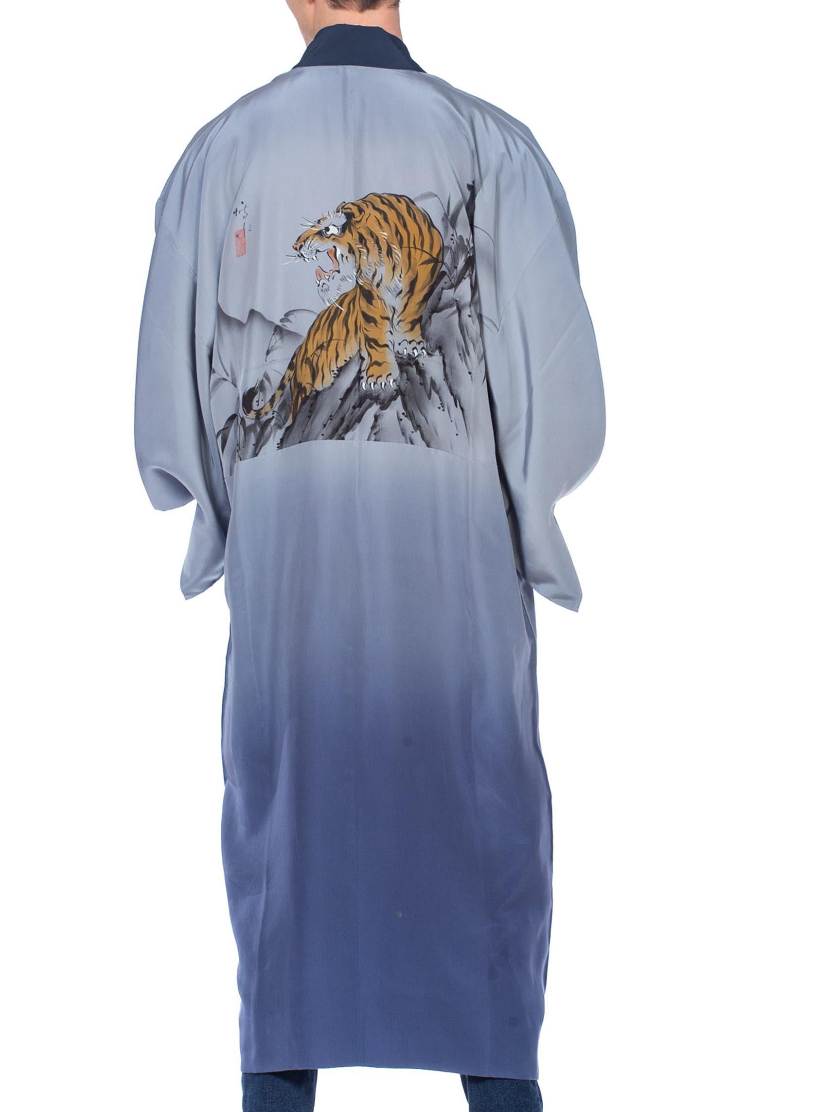 1950'S Mens Blue Japanese With Hand Painted Tiger Kimono 4
