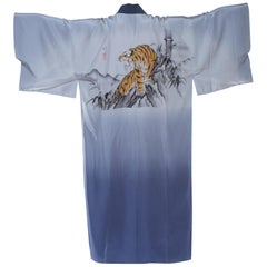 Retro 1950'S Mens Blue Japanese With Hand Painted Tiger Kimono