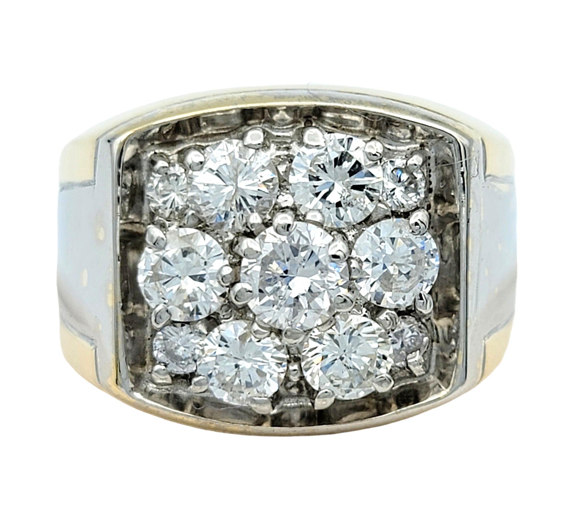 Ring Size: 9.25

This robust diamond cluster ring set in both yellow and white 14 karat gold is a brilliant example of craftsmanship and elegance. This handsome ring features a central cluster of bold diamonds, creating a brilliant focal point that