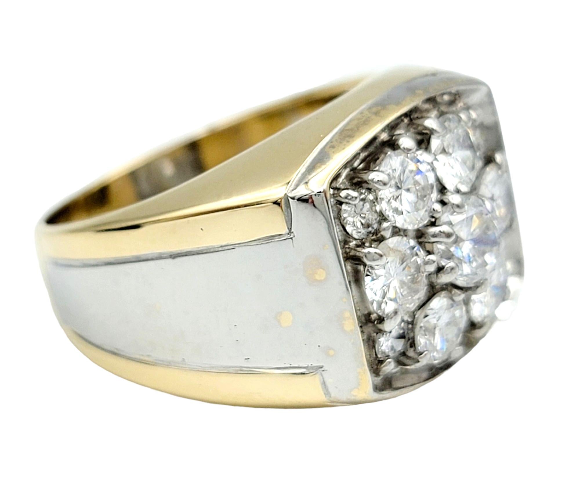 Contemporary Men's Bold Round Diamond Cluster Wide Band Ring 14 Karat Yellow and White Gold