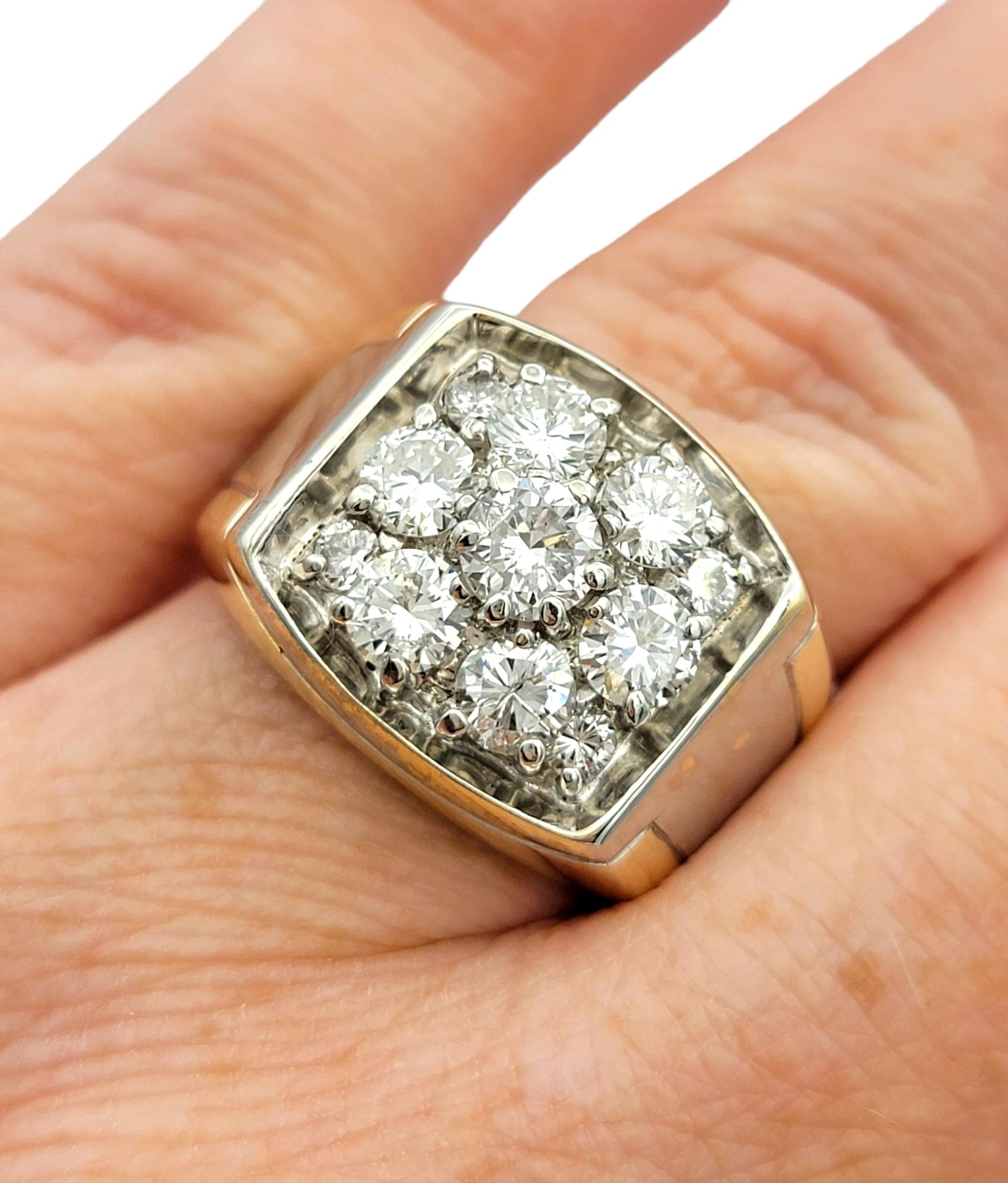Men's Bold Round Diamond Cluster Wide Band Ring 14 Karat Yellow and White Gold 2