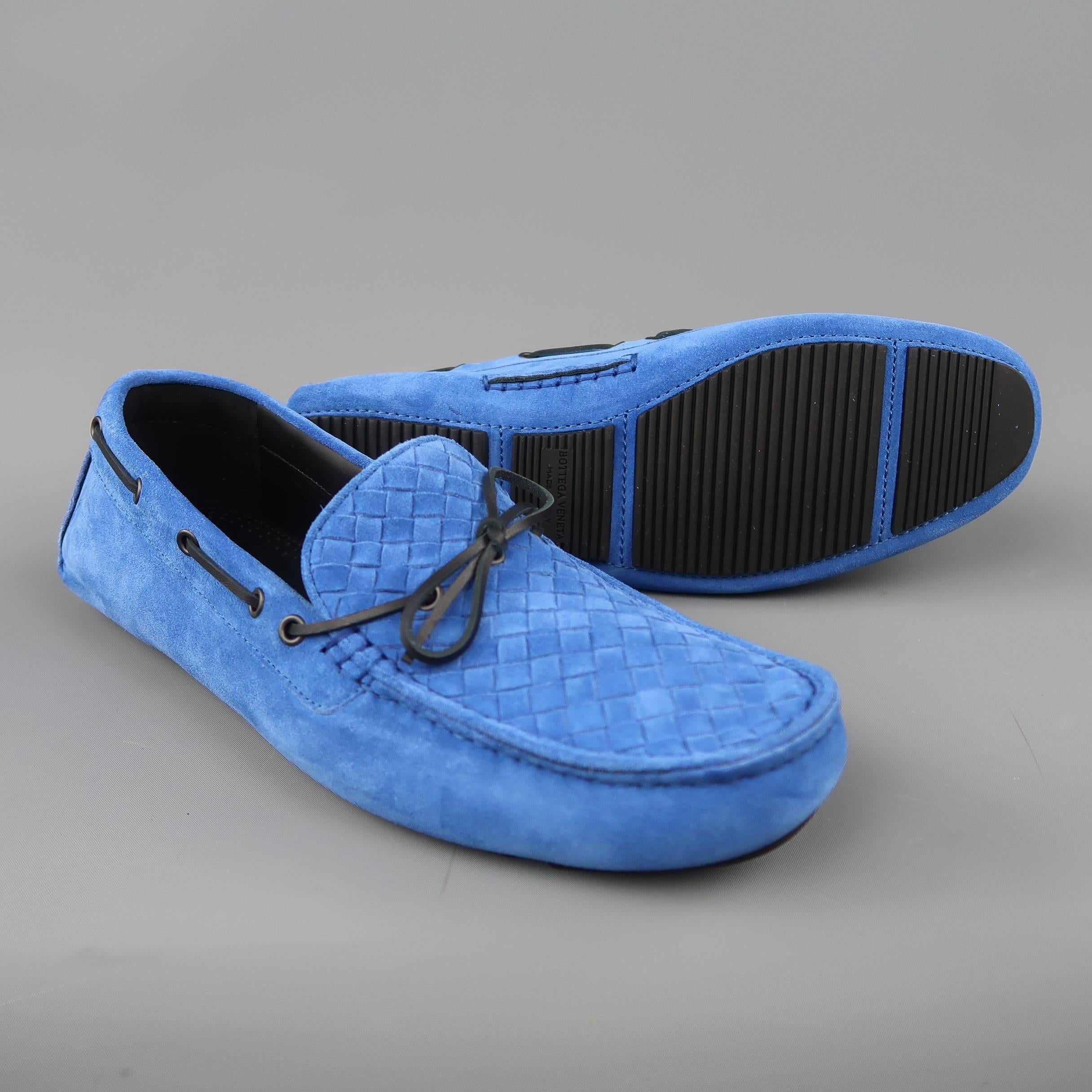 Men's BOTTEGA VENETA Size 14 Royal Blue Woven Intrecciato Suede Driver Loafers In New Condition In San Francisco, CA