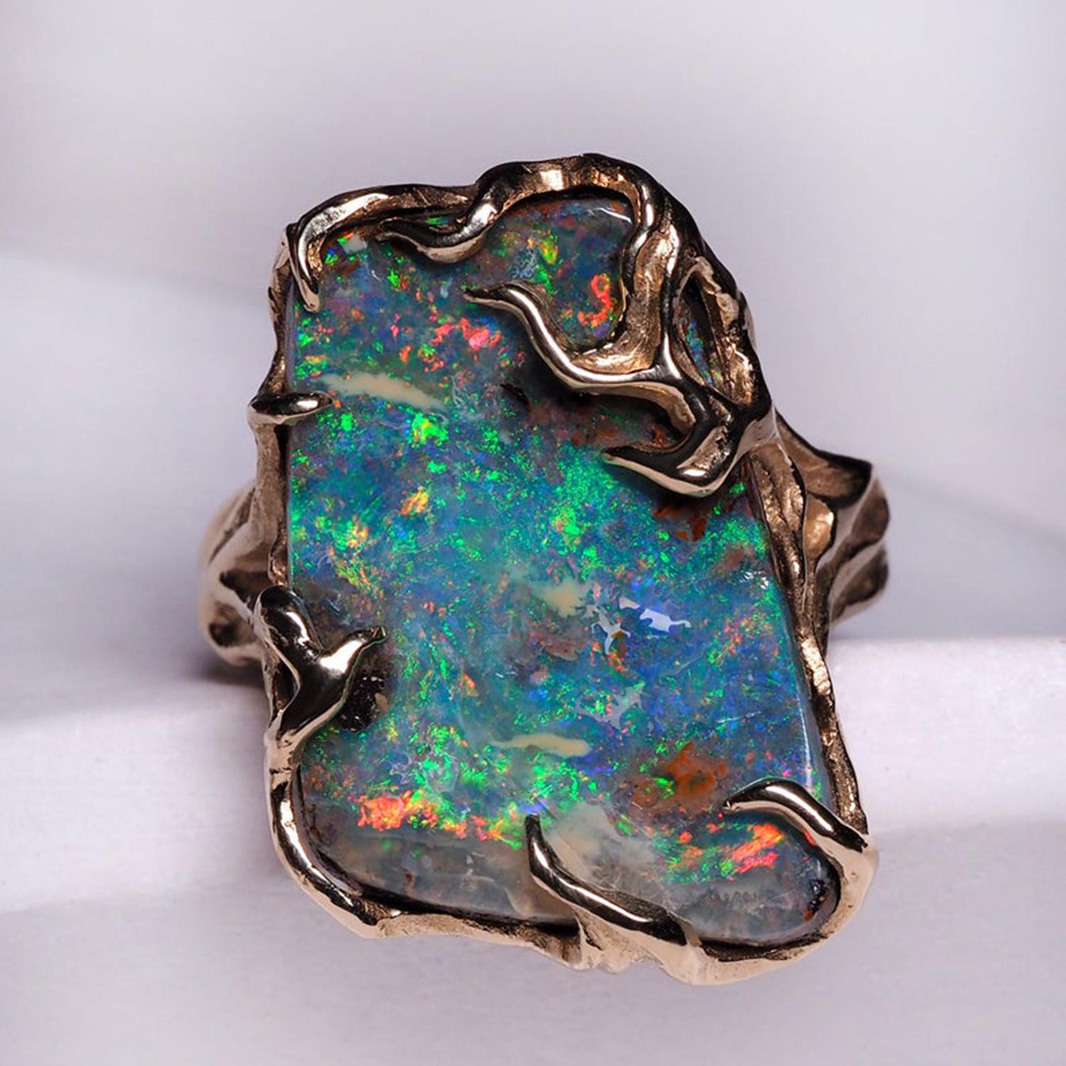 Cabochon Boulder Opal Ring 14 Carats Gold Art Nouveau Christmas gift Unisex jewelry Mens