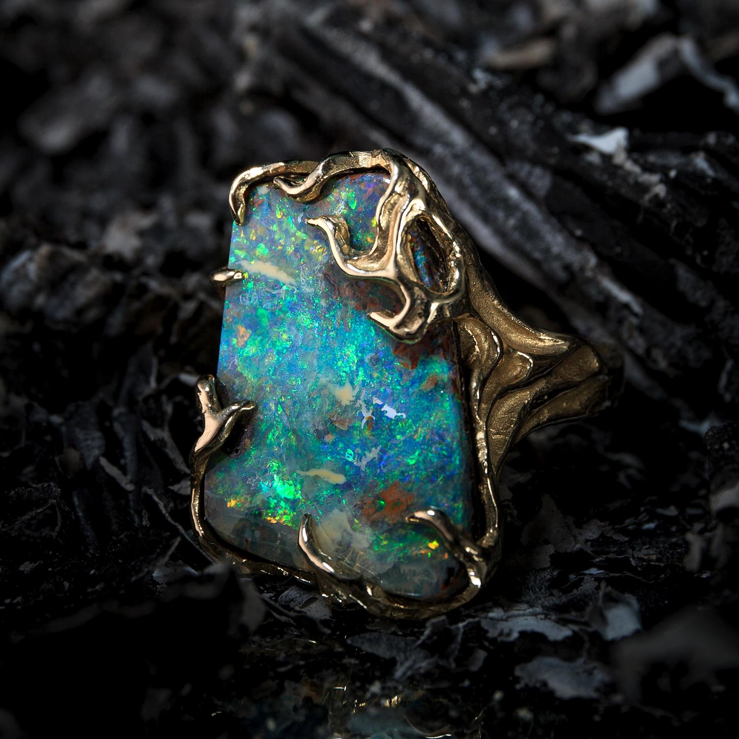 Boulder Opal Ring 14 Carats Gold Art Nouveau Christmas gift Unisex jewelry Mens 1