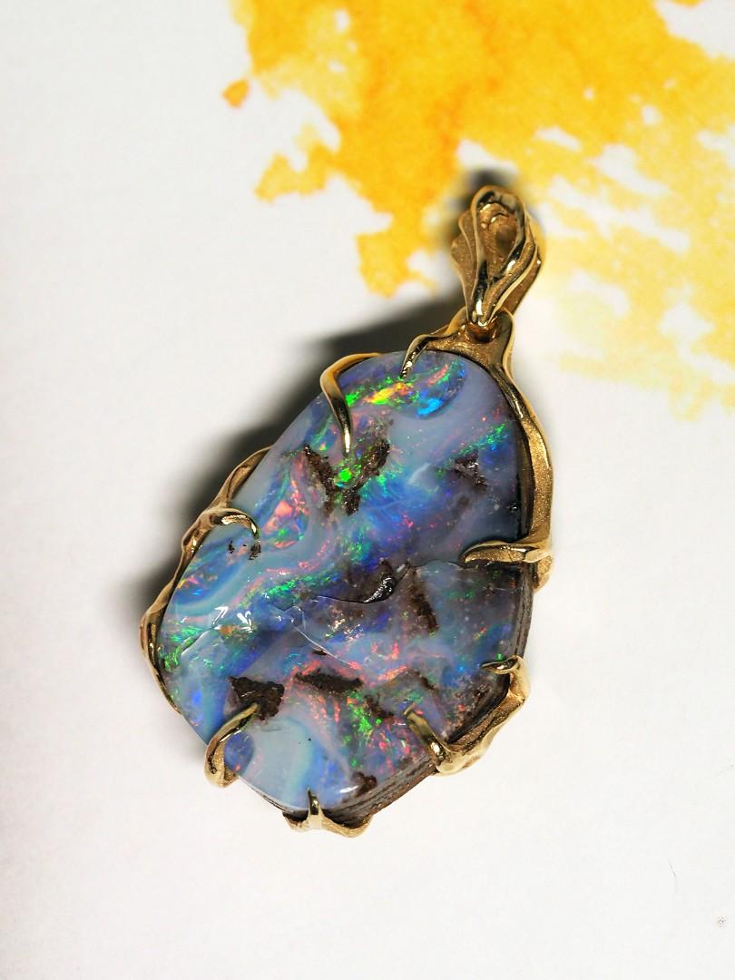 Cabochon Men's Boulder Opal Pendant Gold High Quality Opal Gemstone Gold Necklace For Sale