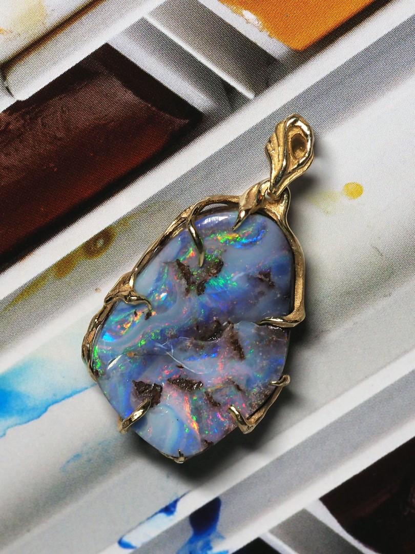 Men's Boulder Opal Pendant Gold High Quality Opal Gemstone Gold Necklace In New Condition For Sale In Berlin, DE