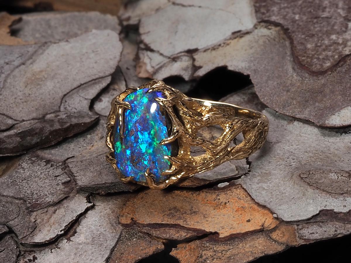 Boulder Opal Gold Ring Engagement fantasy style Elf Australian opal For Sale 3