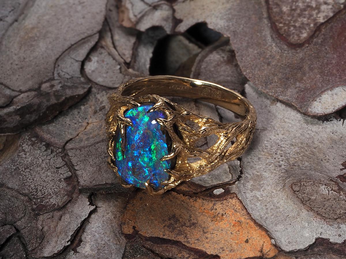 Boulder Opal Gold Ring Engagement fantasy style Elf Australian opal en vente 5