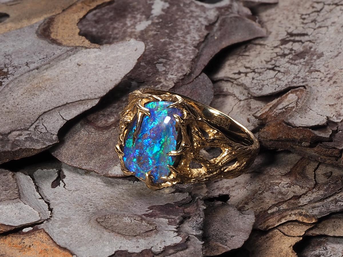 Oval Cut Boulder Opal Gold Ring Engagement fantasy style Elf Australian opal For Sale