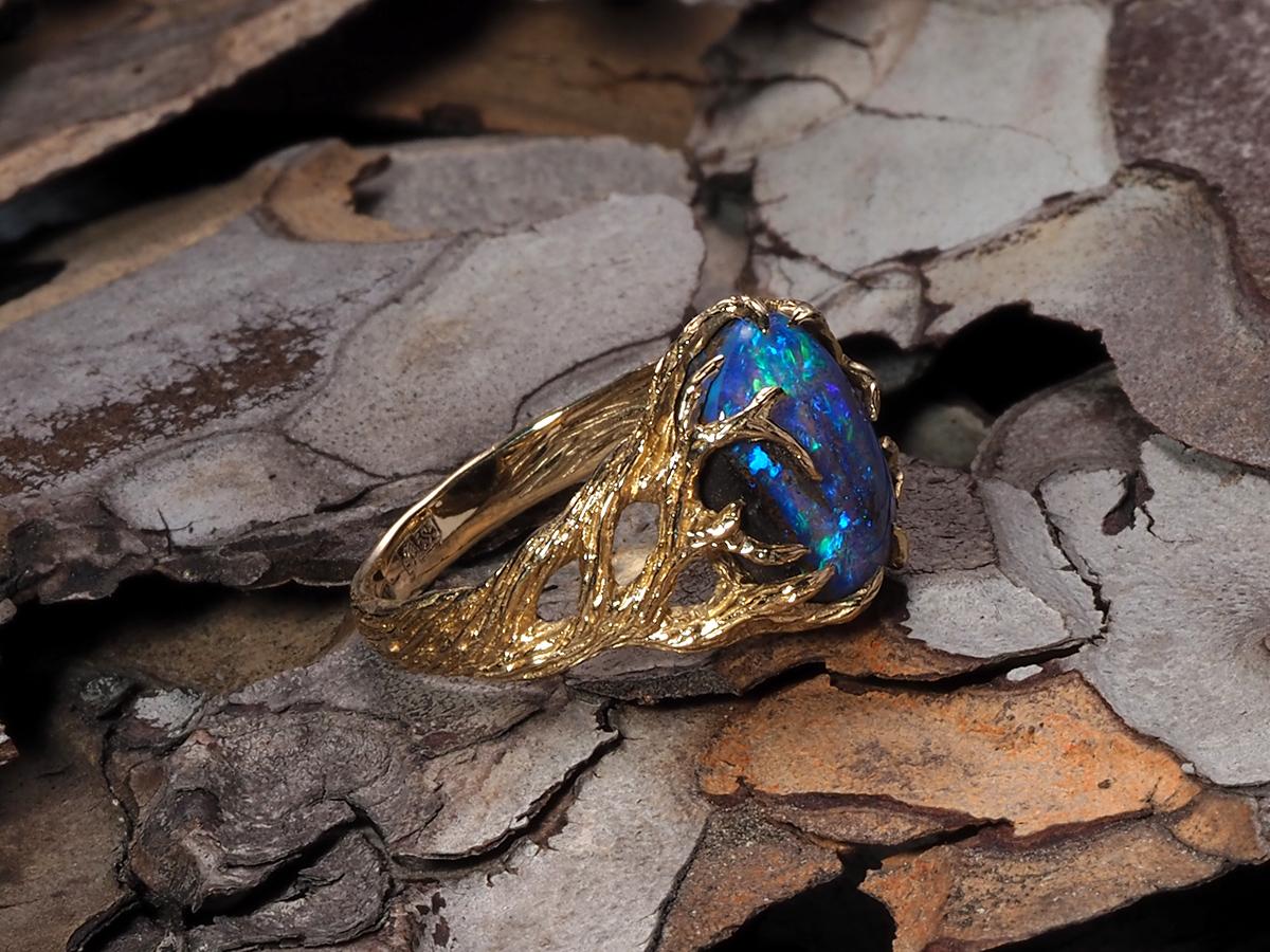 Boulder Opal Gold Ring Engagement fantasy style Elf Australian opal en vente 4