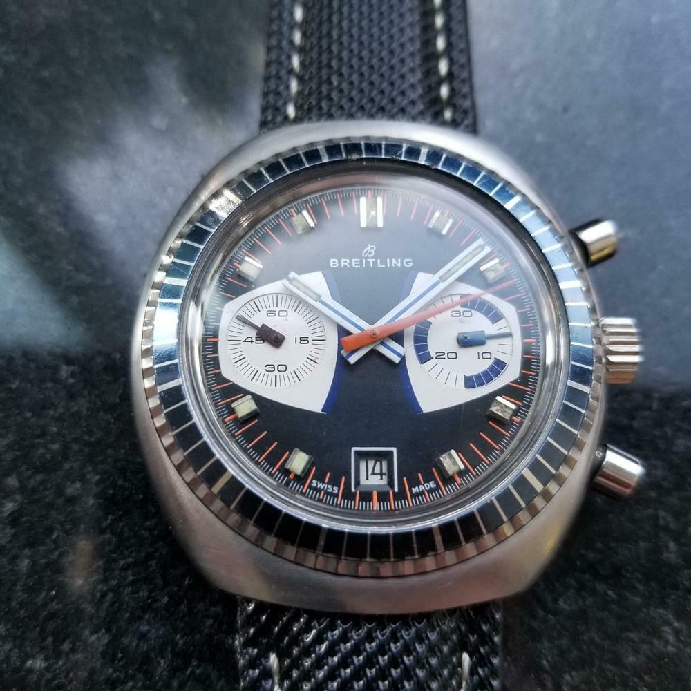 A brilliant vintage classic, men's Breitling Datora date chronograph, manual-wind, c.1969. Verified authentic by a master watchmaker. Gorgeous textured Breitling signed black dial, applied block hour markers, minute and hour hands, central