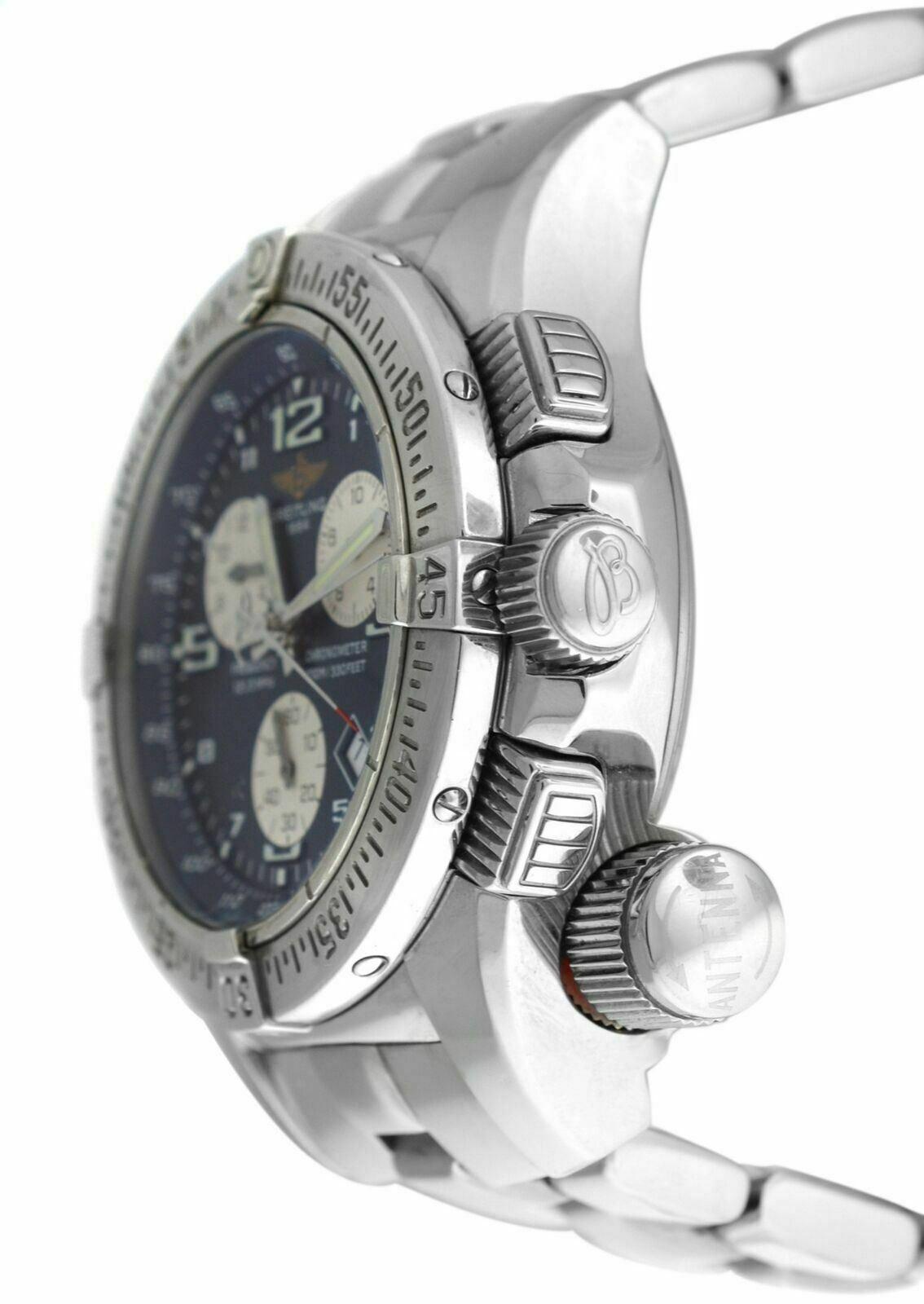 Brand	Breitling
Model	Emergency Mission A73321
Gender	Men's
Condition	Pre-owned
Movement	Swiss Quartz Breitling Calibre 73
Case Material	Stainless Steel
Bracelet / Strap Material	
Stainless Steel

Clasp / Buckle Material	
Stainless steel	
Clasp