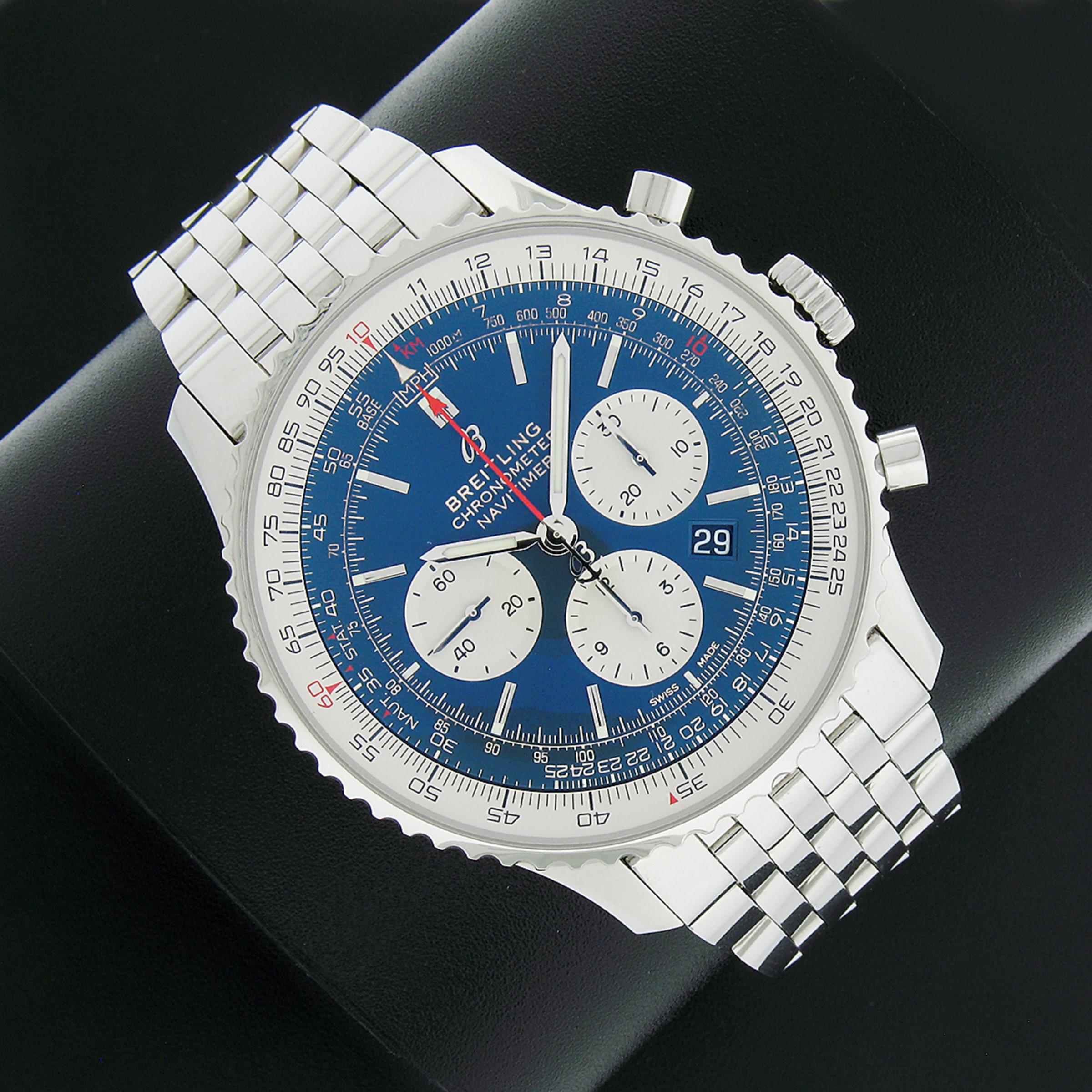 Here we have a 100% authentic Breitling Navitimer 1 crafted from stainless steel. This watch features a large 46mm case, slide ruler bezel, and sturdy stainless steel bracelet. The aurora blue dial features 3 chronograph registers, a red central