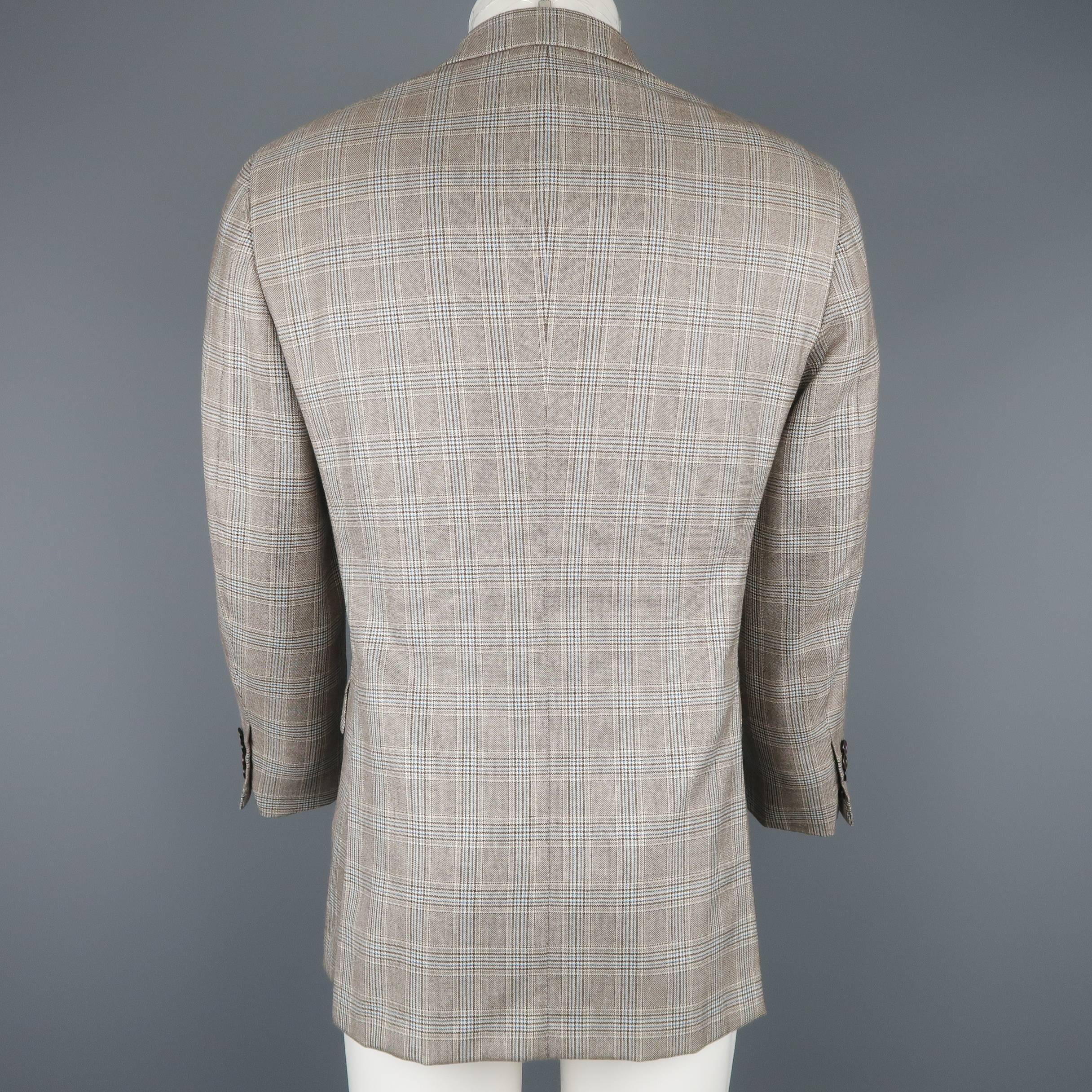 Men's BRIONI 38 Short Brown & Blue Glenplaid Wool / Silk 3 Button Sport Coat In Excellent Condition In San Francisco, CA