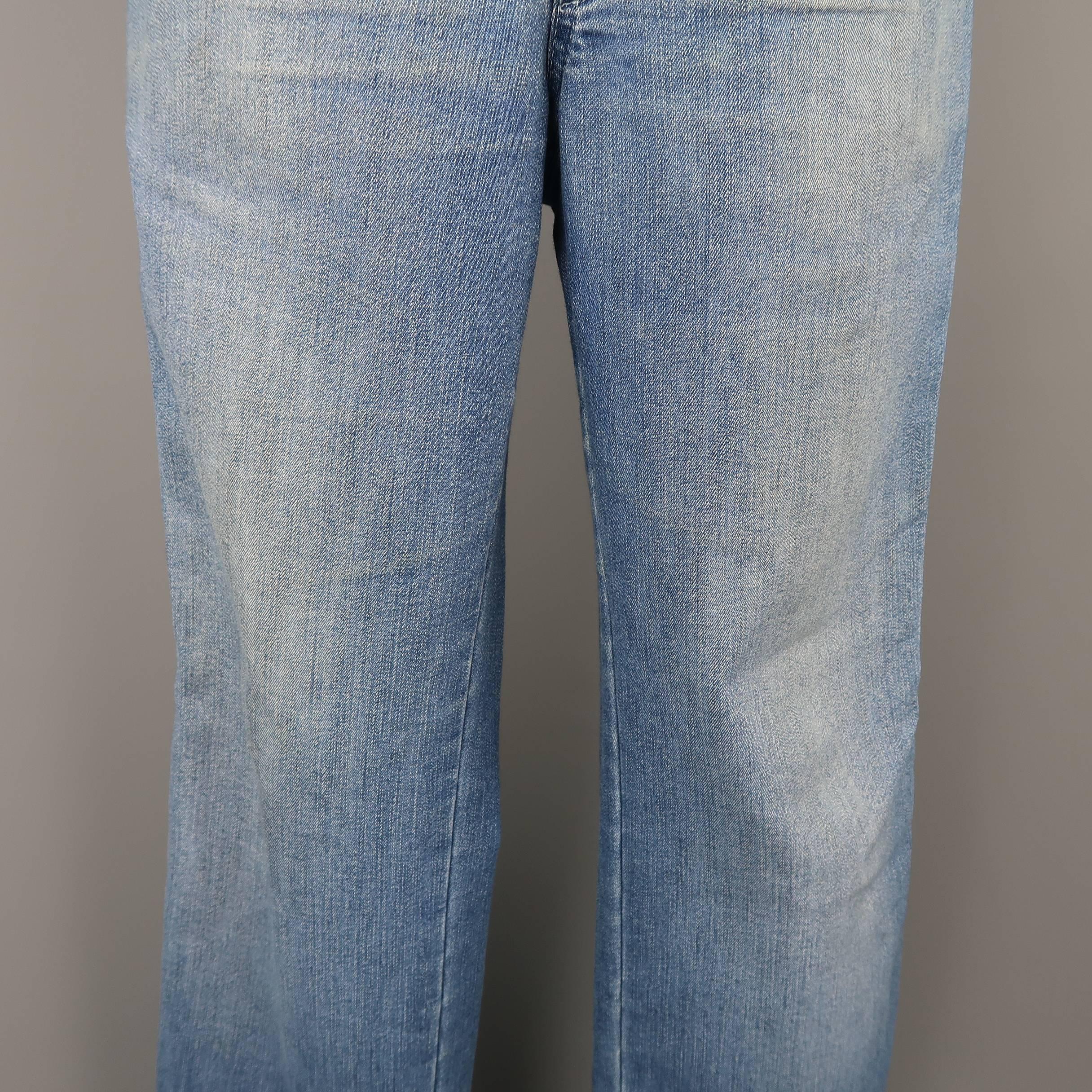 Men's BRIONI Size 34 Blue Light Dirty Washed Denim Straight Leg Jeans In Fair Condition In San Francisco, CA